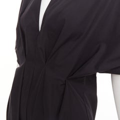 ESME VIE black cotton poplin V neck short cape sleeve pleated midi dress FR38 M