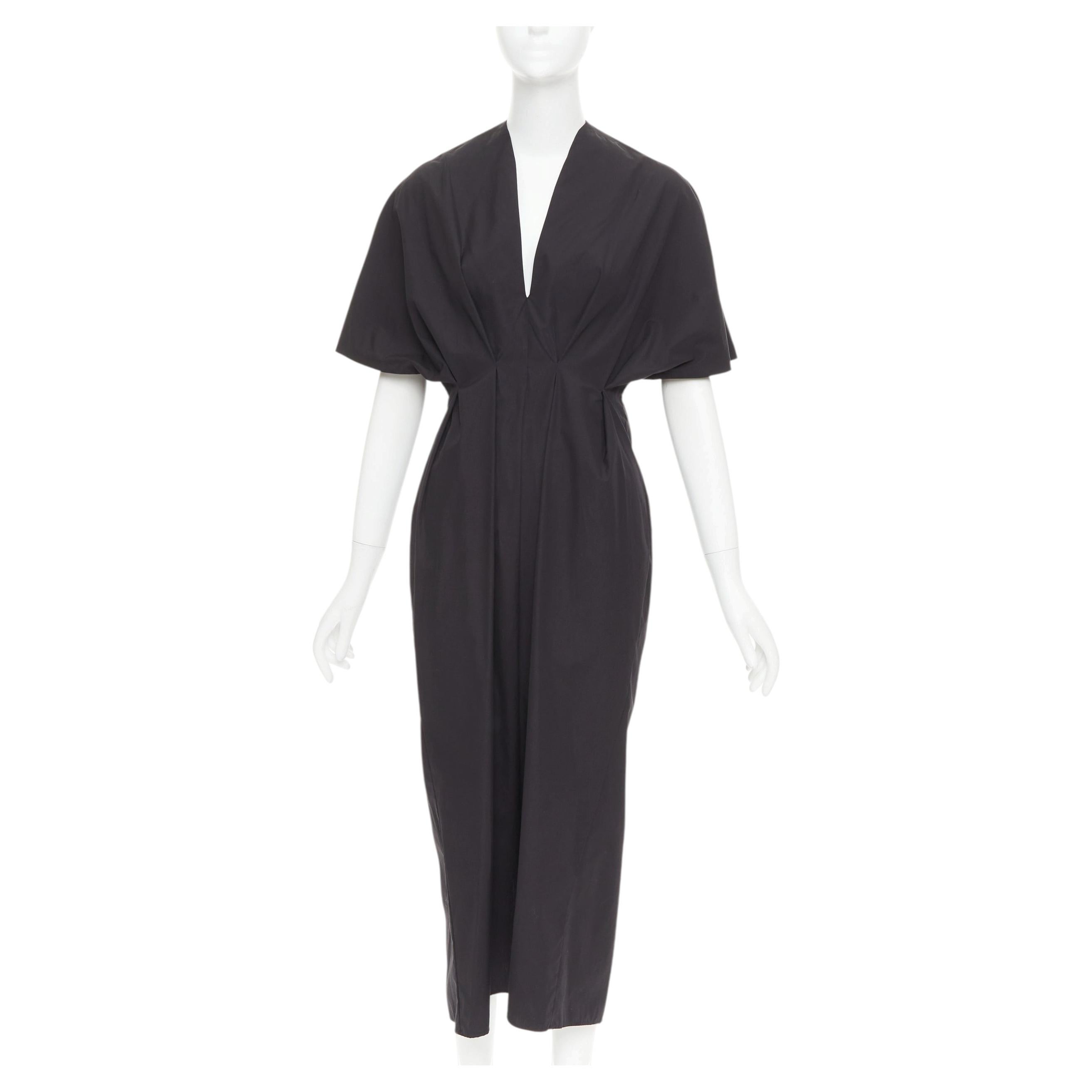 ESME VIE black cotton poplin V neck short cape sleeve pleated midi dress FR38 M