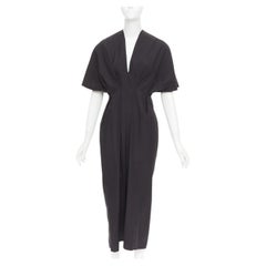 ESME VIE black cotton poplin V neck short cape sleeve pleated midi dress FR38 M
