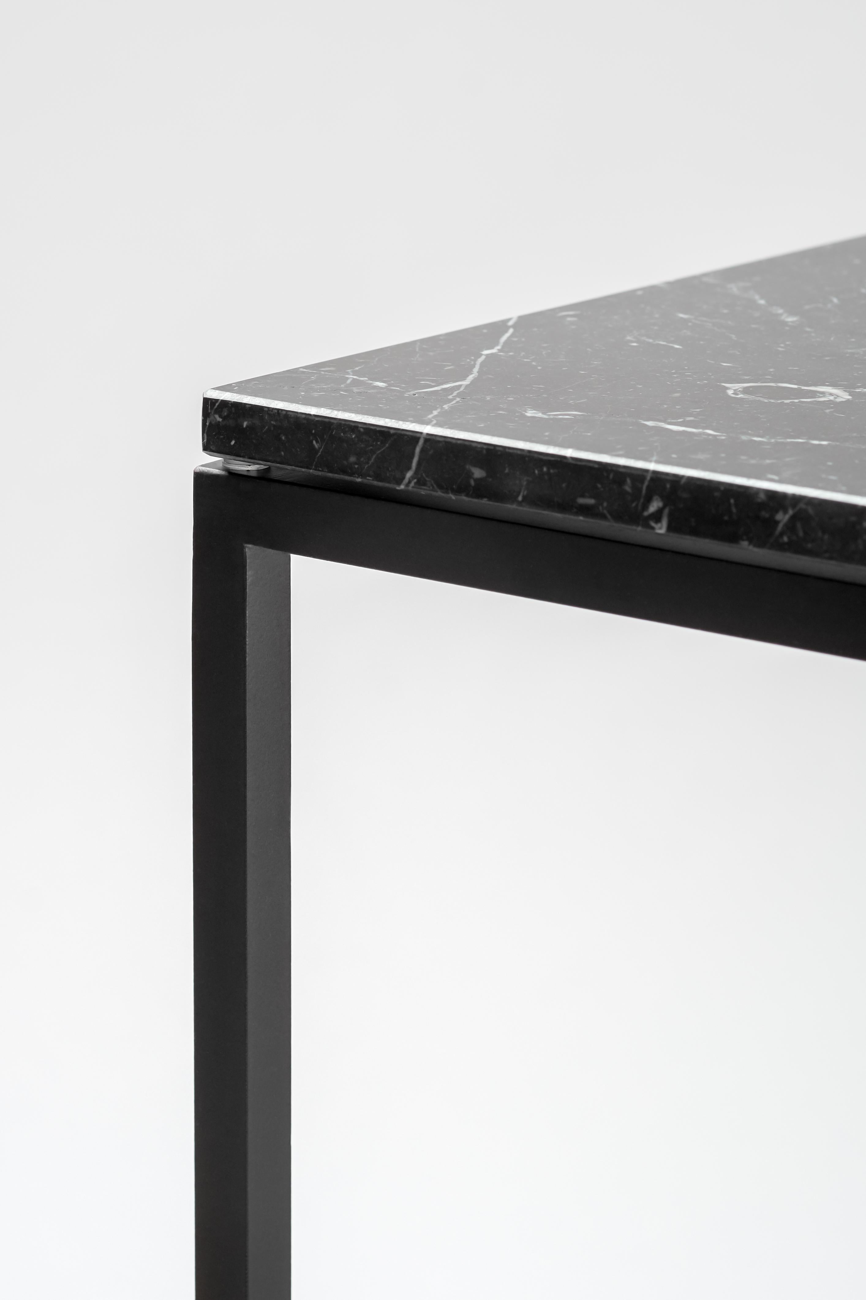 Italian “Esopo” Modern Handmade Iron Side Table with Black Marquina Marble Square Top For Sale