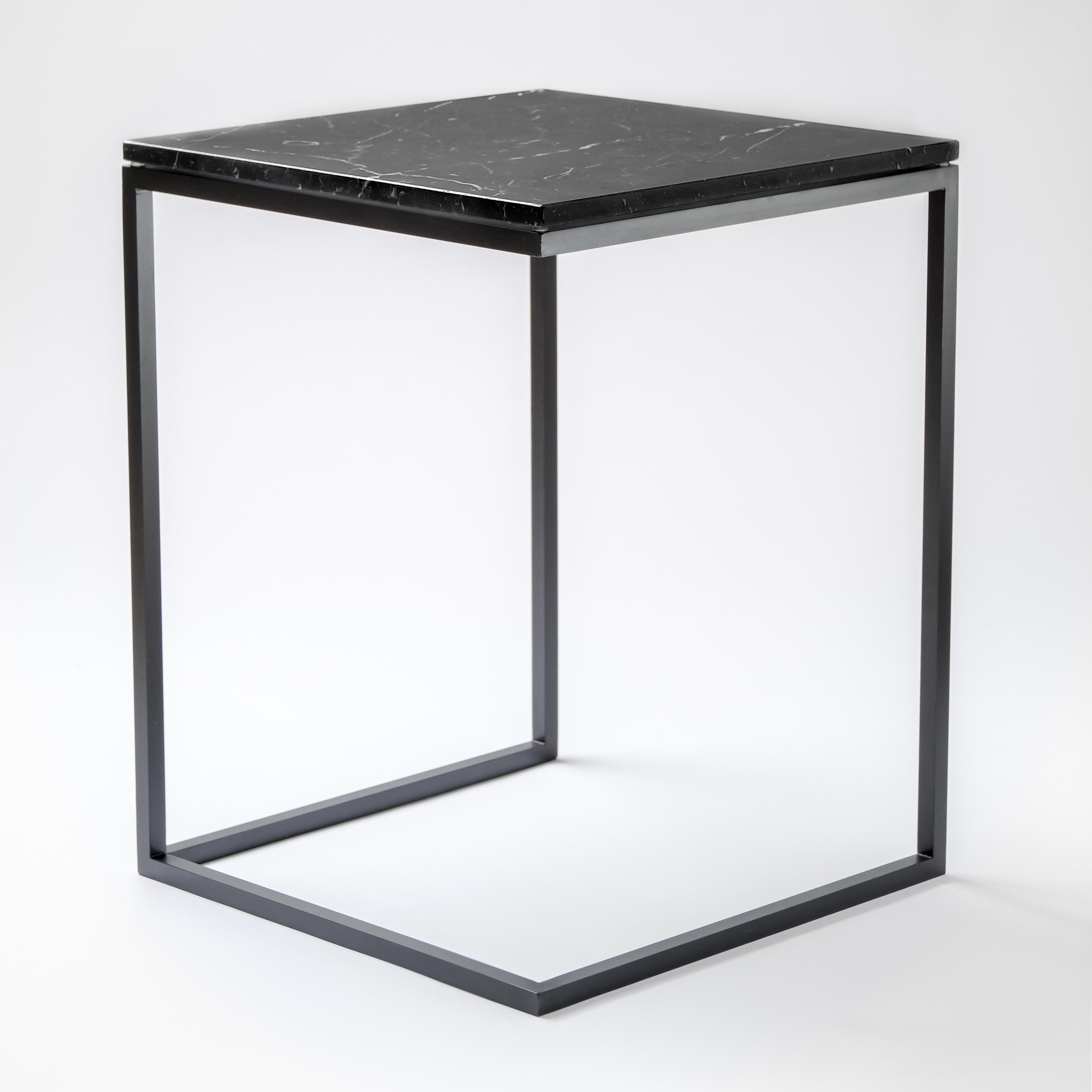 Frosted “Esopo” Modern Handmade Iron Side Table with Black Marquina Marble Square Top For Sale