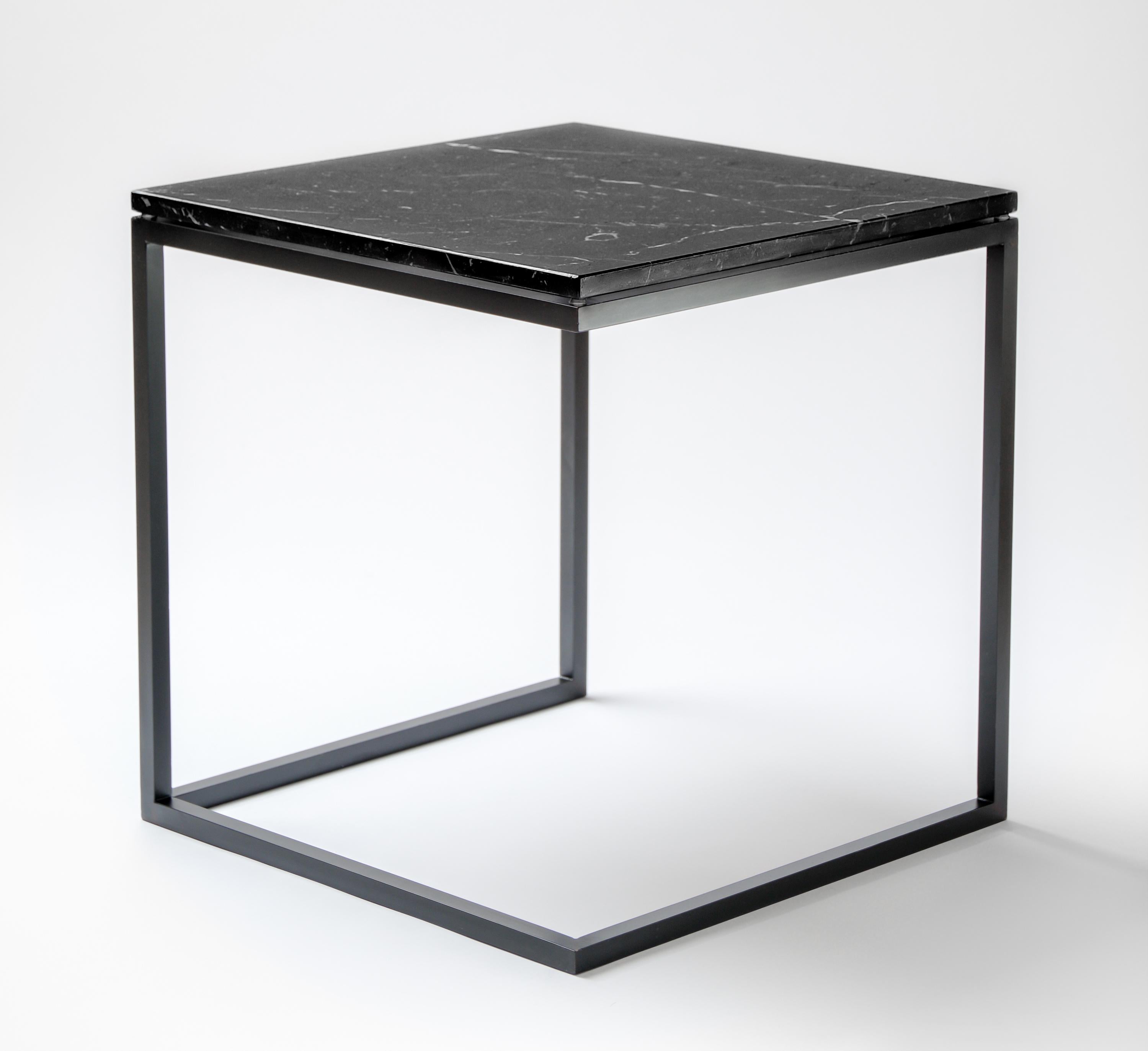 Italian “ESOPO” Modern Handmade Iron Side Table with Black Marquina Marble Square Top For Sale