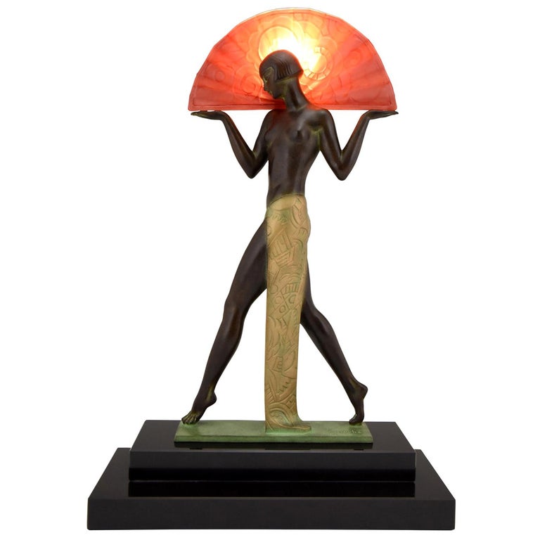 Art Deco Style Lamp Espana Dancer with Fan by Guerbe for Max Le Verrier Original For Sale