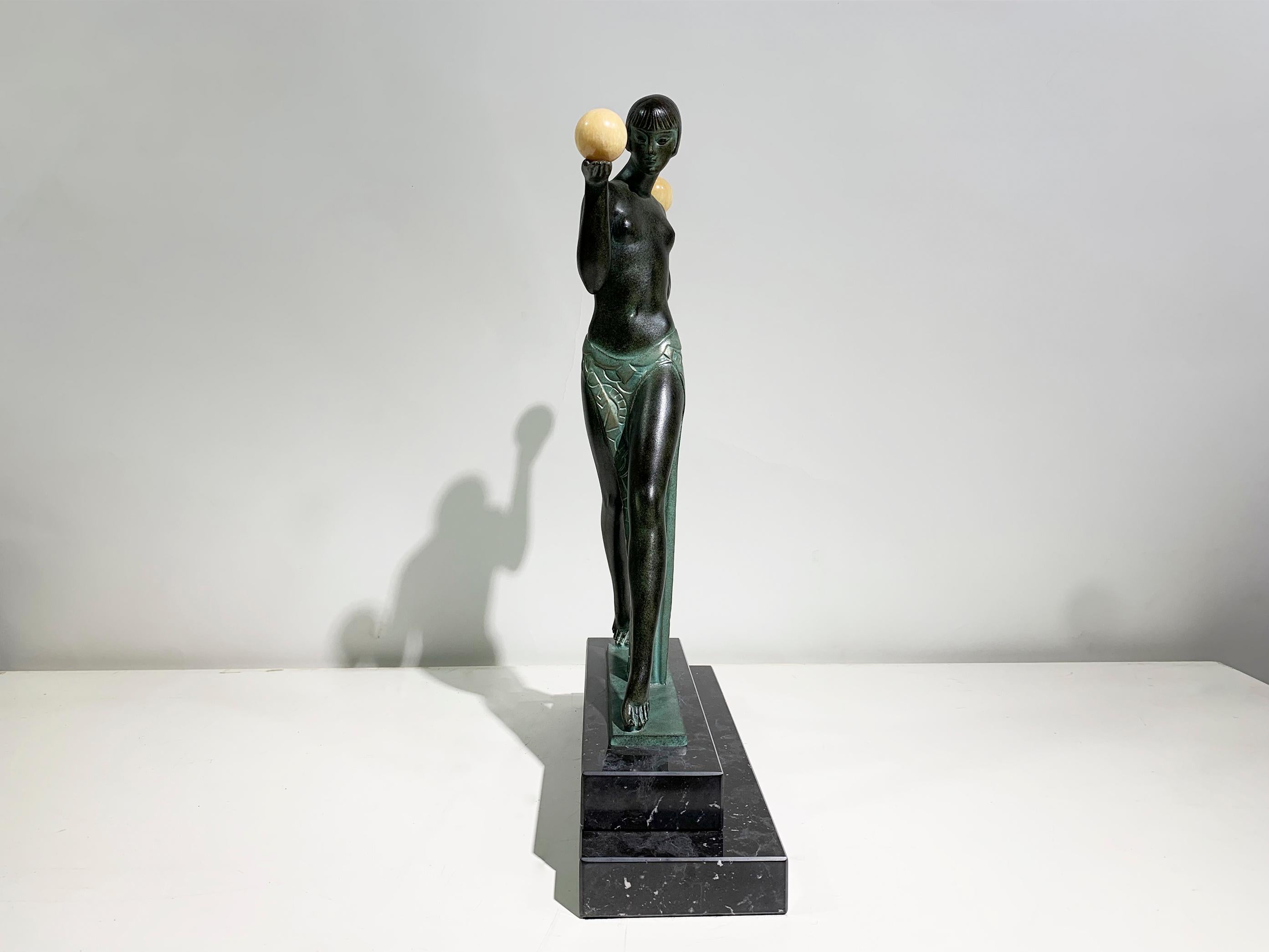 Art Deco Espana Aux Boules Dancer Sculpture by Raymonde Guerbe for Max Le Verrier, Signed For Sale