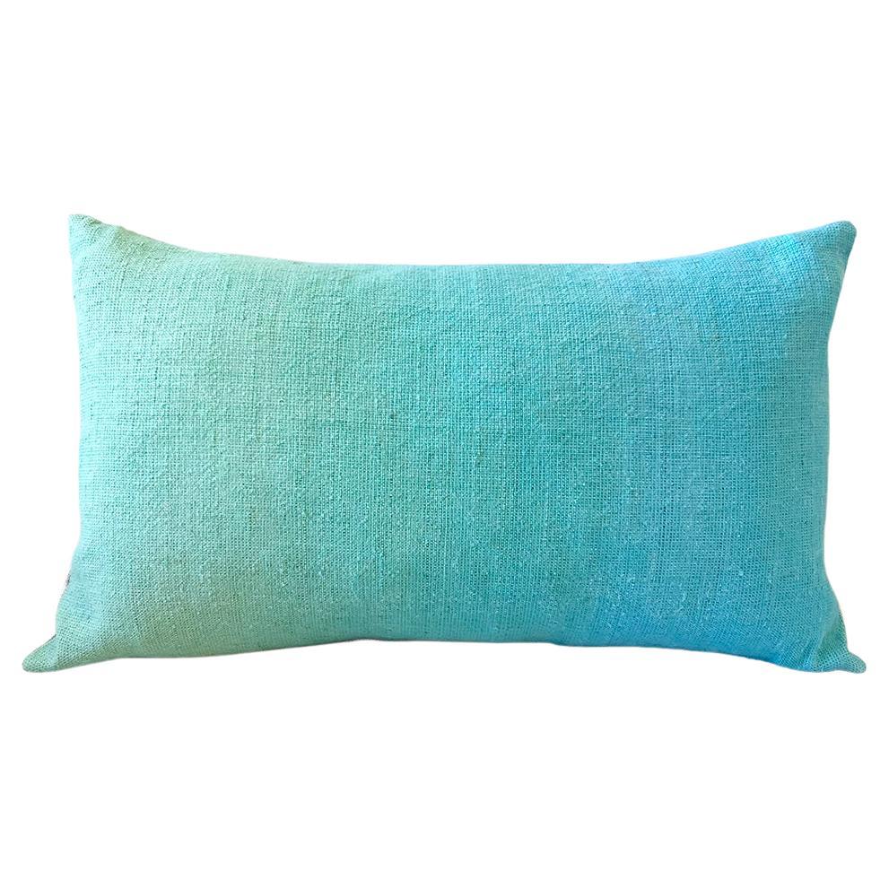 Espanyolet Aqua Ombre Hand-Painted Vintage Linen Pillow 12"x20" For Sale