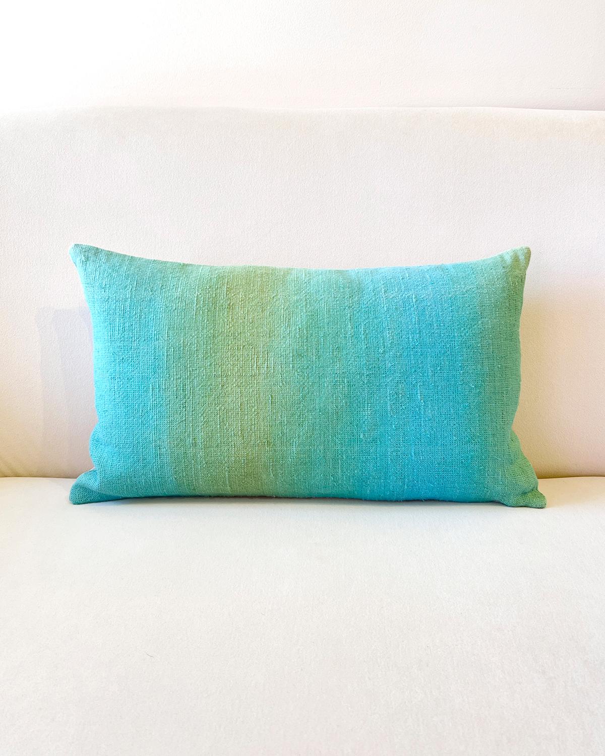 Hand-Crafted Espanyolet Aqua Ombre Hand-Painted Vintage Linen Pillow 20