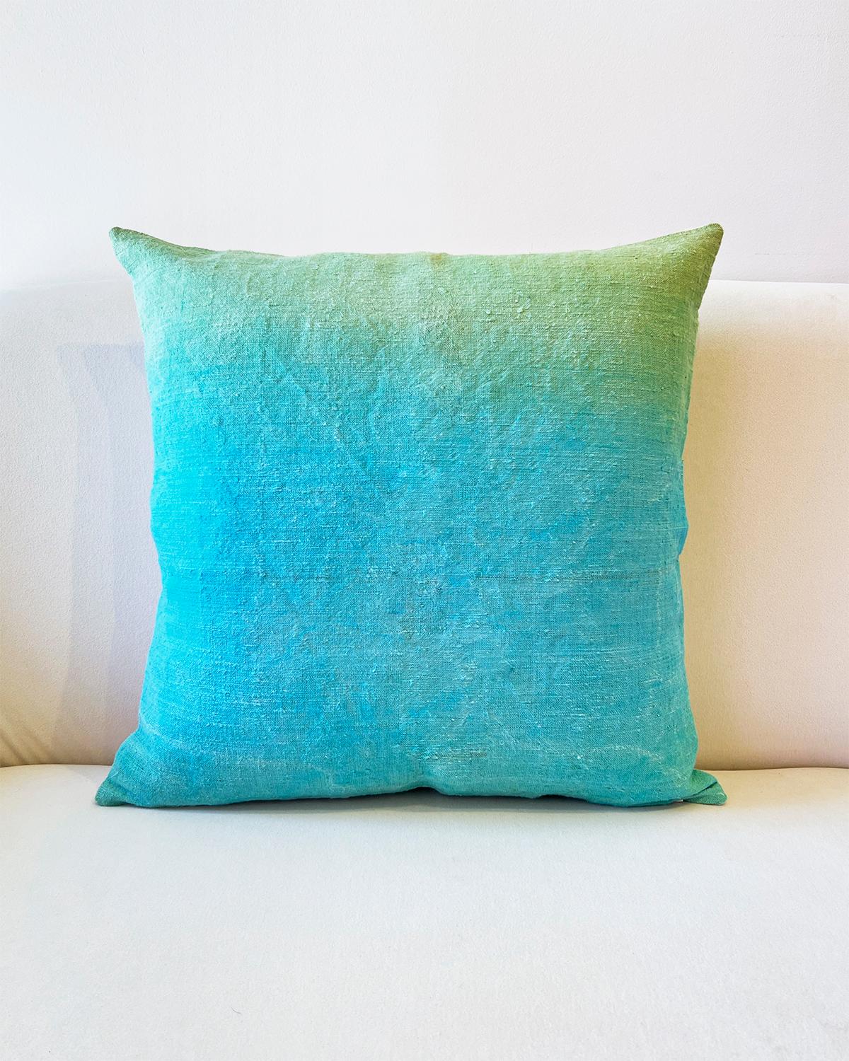 Contemporary Espanyolet Aqua Ombre Hand-Painted Vintage Linen Pillow 20