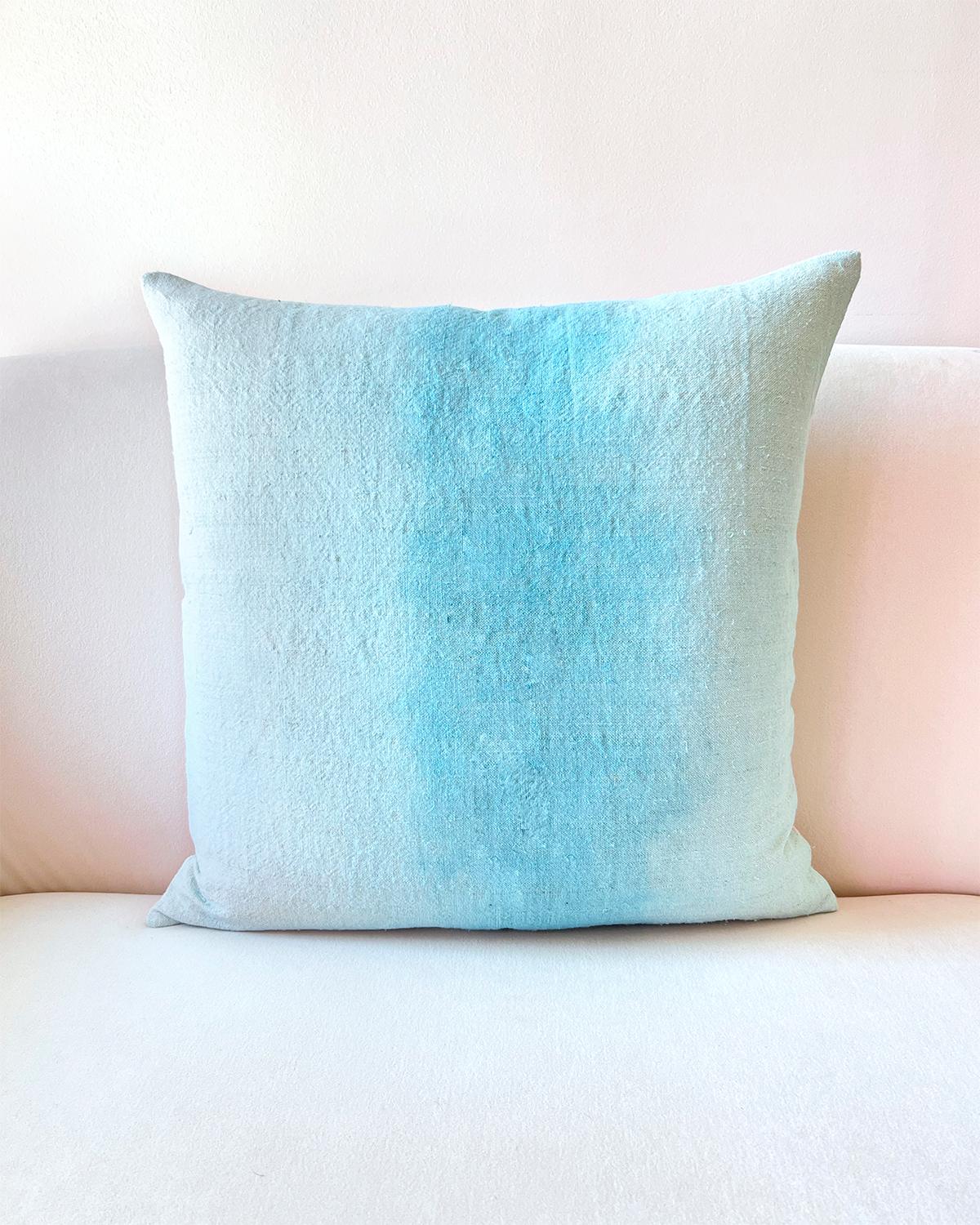 Organic Modern Espanyolet Blue Ombre Hand-Painted Vintage Linen Pillow 20