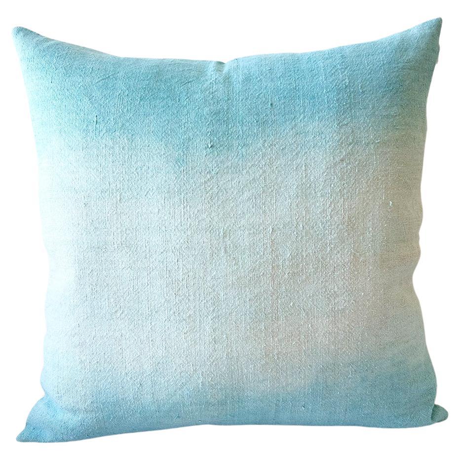 Espanyolet Blue Ombre Hand-Painted Vintage Linen Pillow 20"x20" For Sale