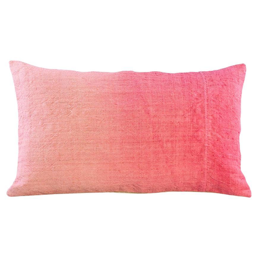 Espanyolet Hand-Painted Vintage Linen Throw Pillow in Pink Ombre 16"x26" For Sale