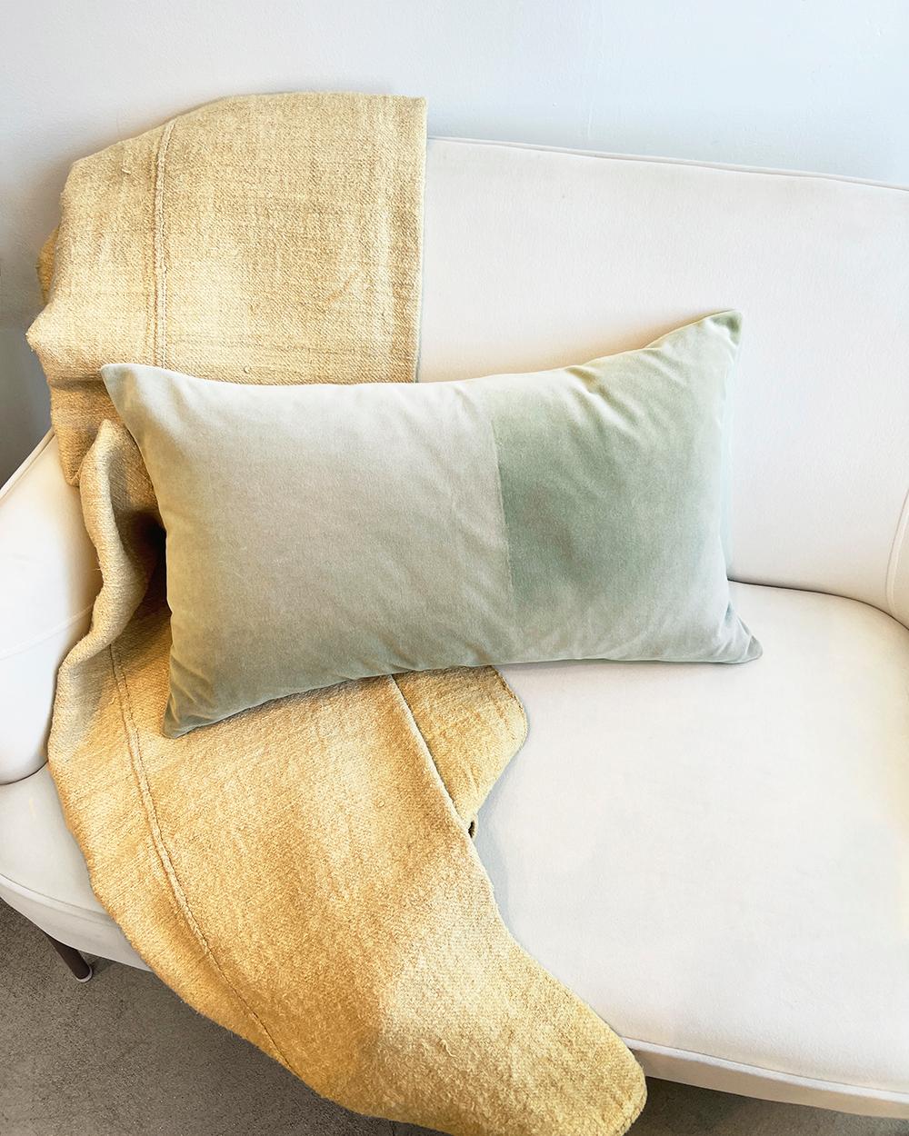 A subtle green throw pillow for your living room couch. This one-of-a-kind throw pillow adds a unique touch to living spaces. Hand-painted on velvet fabric, it has a minimalist and rustic European style which is subtle but striking. A perfect home
