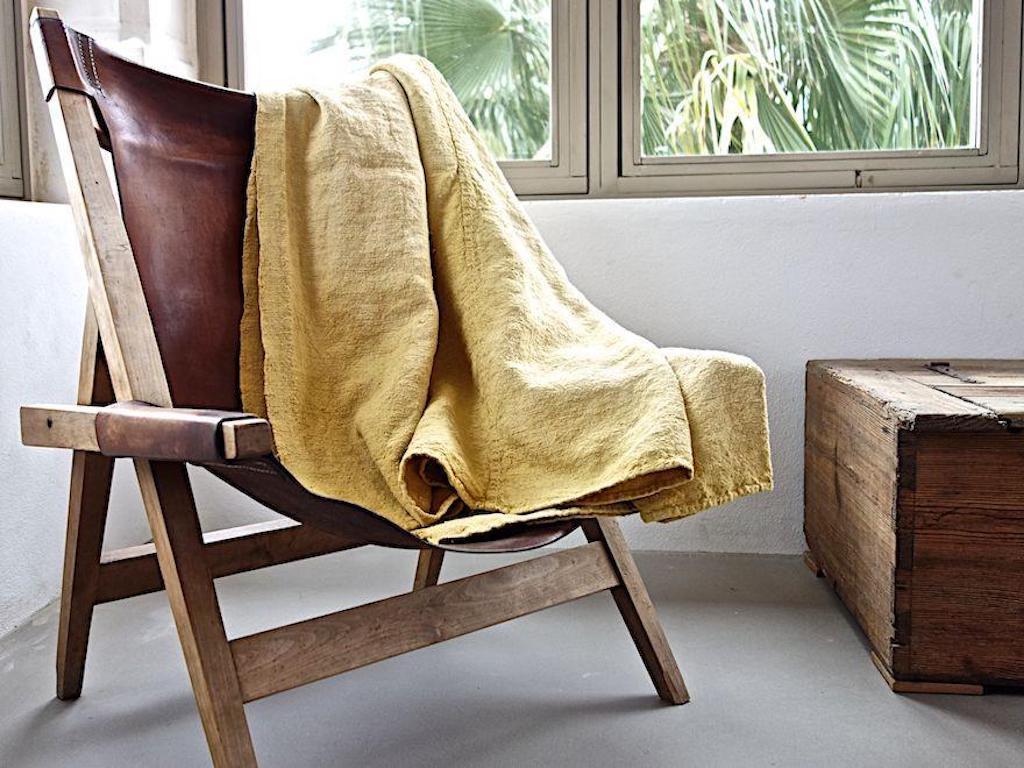 Organic Modern Espanyolet Pale Yellow Hand Painted Vintage Linen Throw made in Spain  For Sale
