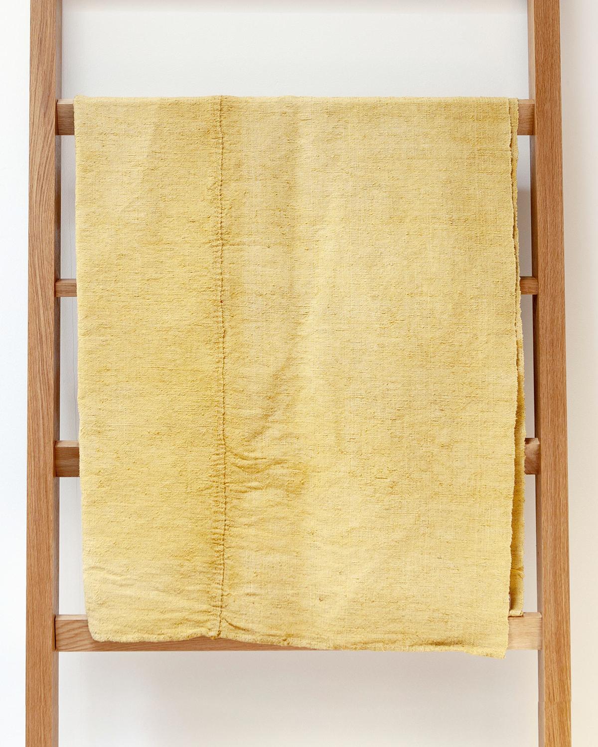 Contemporary Espanyolet Pale Yellow Hand Painted Vintage Linen Throw made in Spain  For Sale