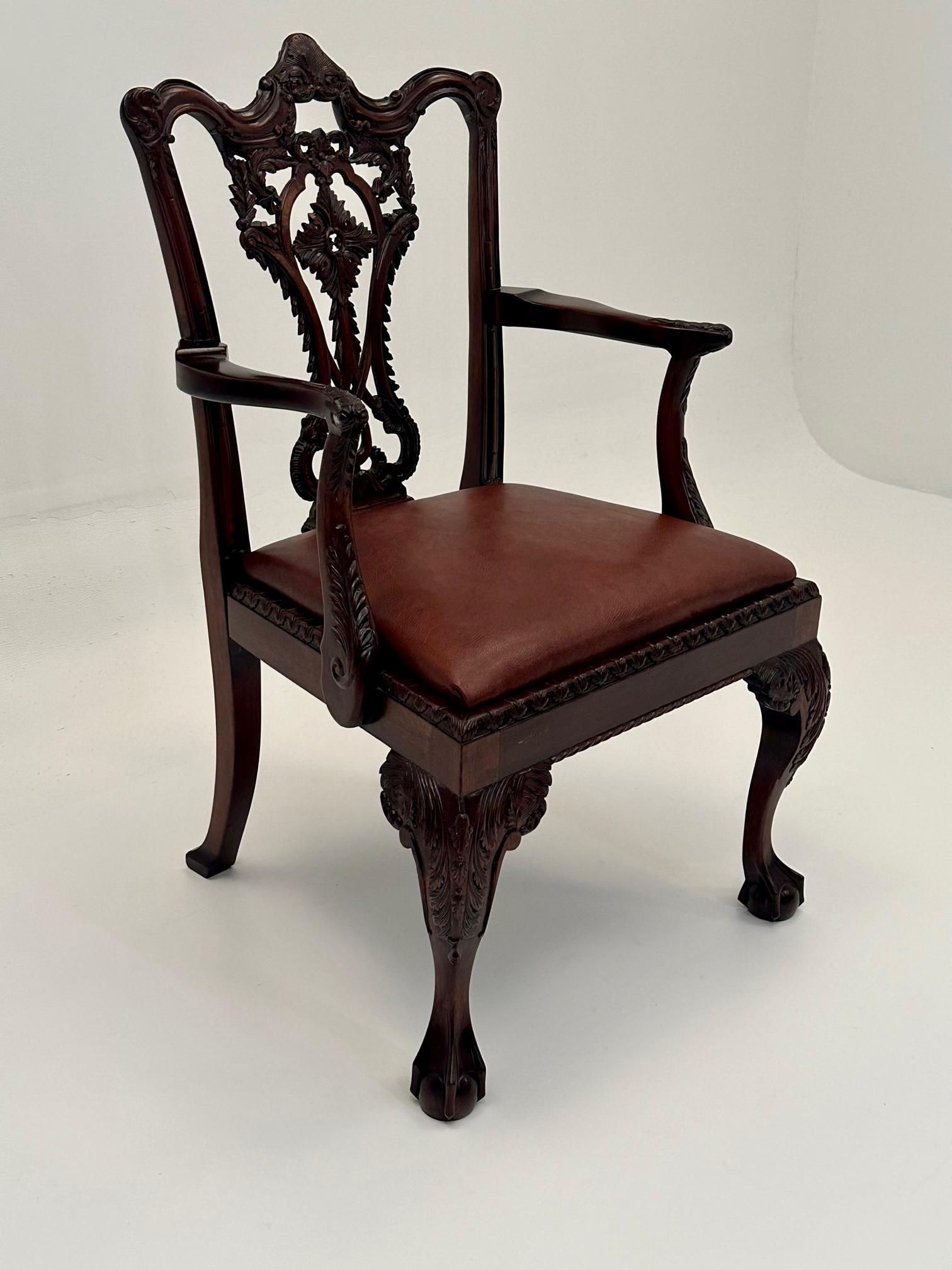 Especially Handsome Hand Carved Mahogany English Chippendale Style Armchair In Good Condition For Sale In Hopewell, NJ