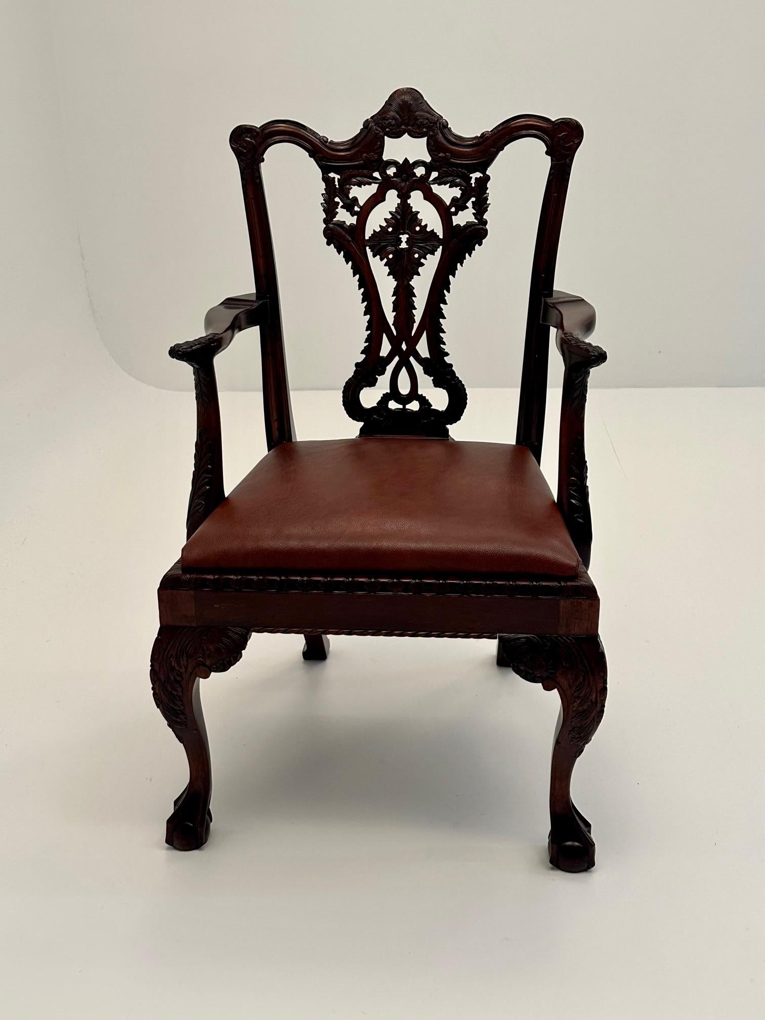 Mid-20th Century Especially Handsome Hand Carved Mahogany English Chippendale Style Armchair For Sale