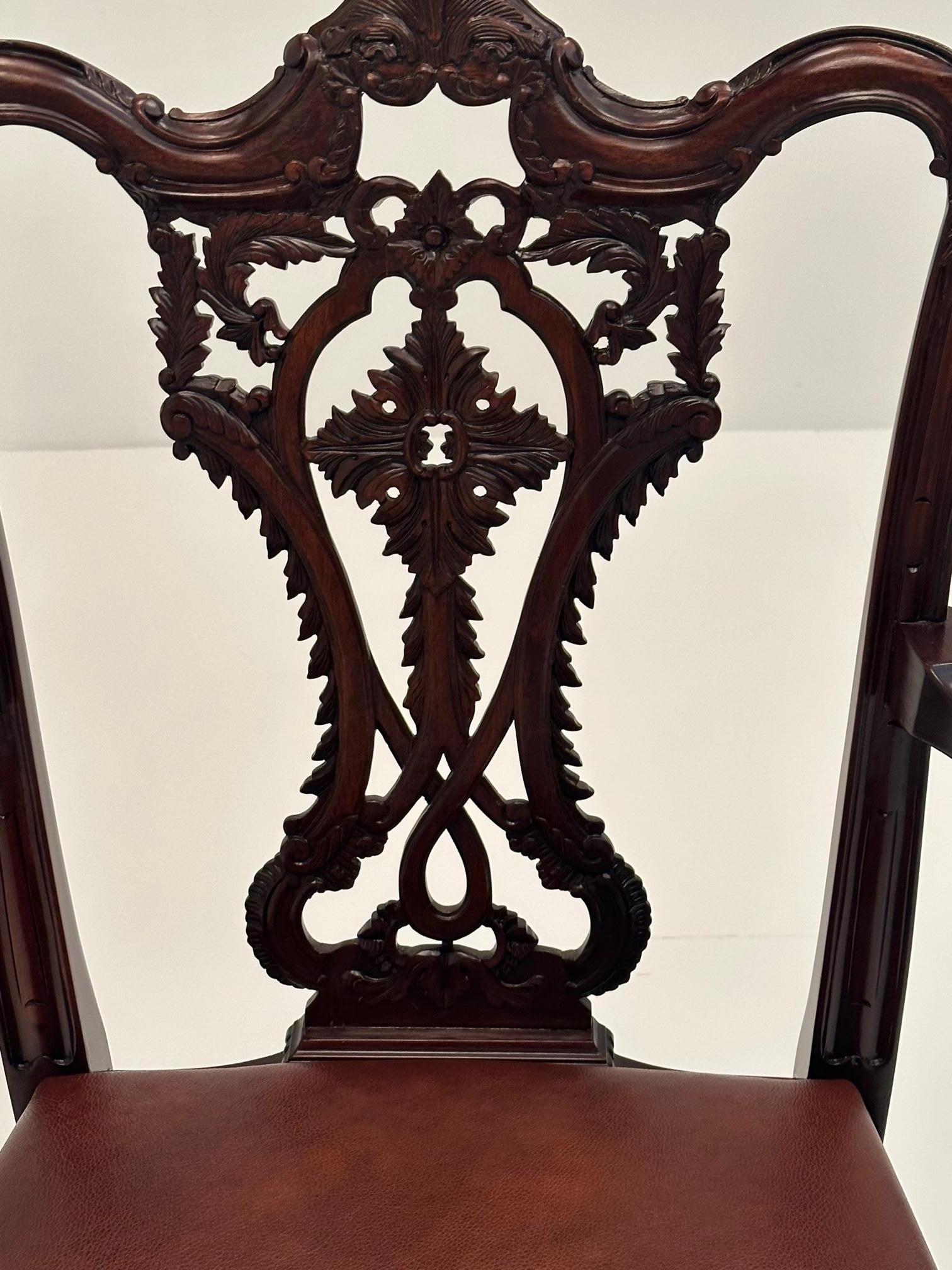 Leather Especially Handsome Hand Carved Mahogany English Chippendale Style Armchair For Sale