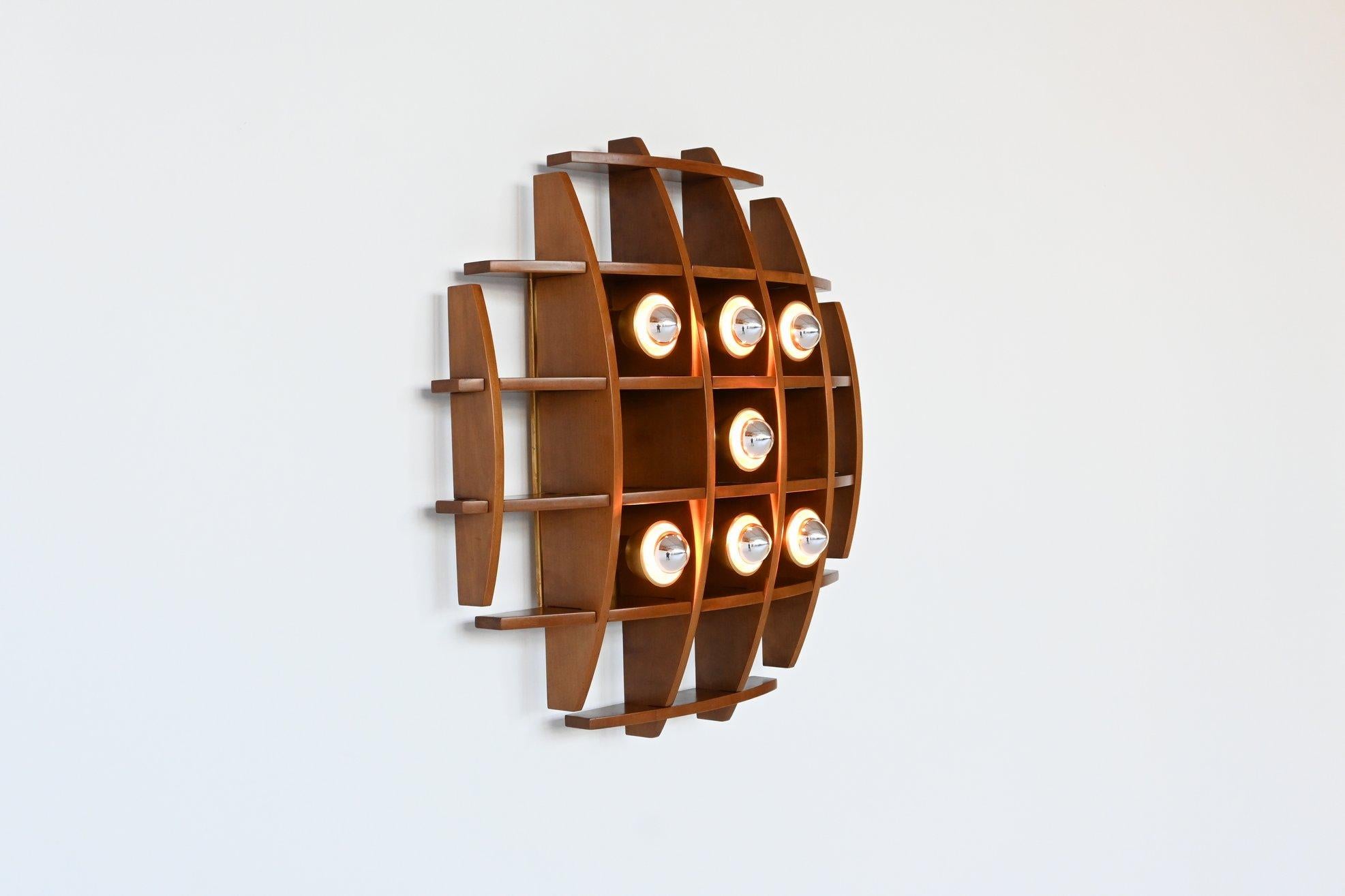 Mid-Century Modern Esperia Ceiling or Wall Lamp Teak Wood and Brass Italy 1970