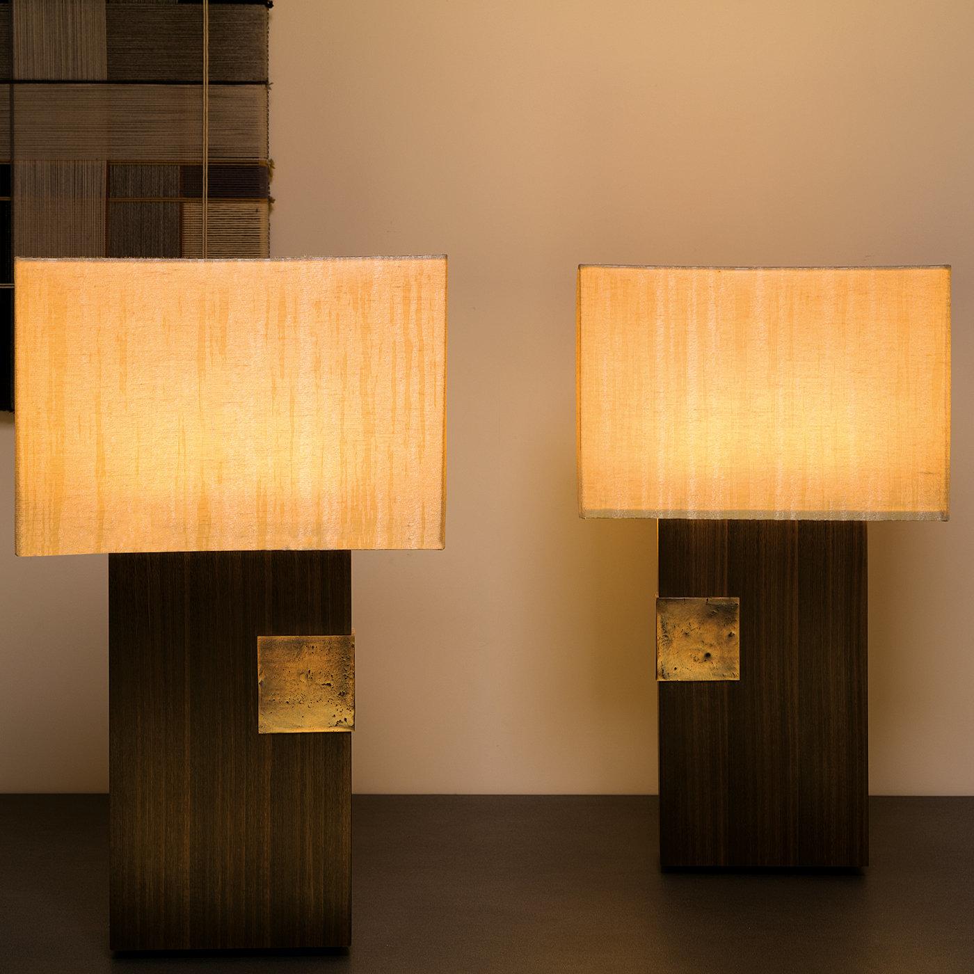 Esperia is a table lamp with base in Eucalyptus wood, that through a thermal process achieves a velvety texture. The bronze detail functions as a touch switch by means of a sensor that dims the led circuit. The composition aswhole is based on the