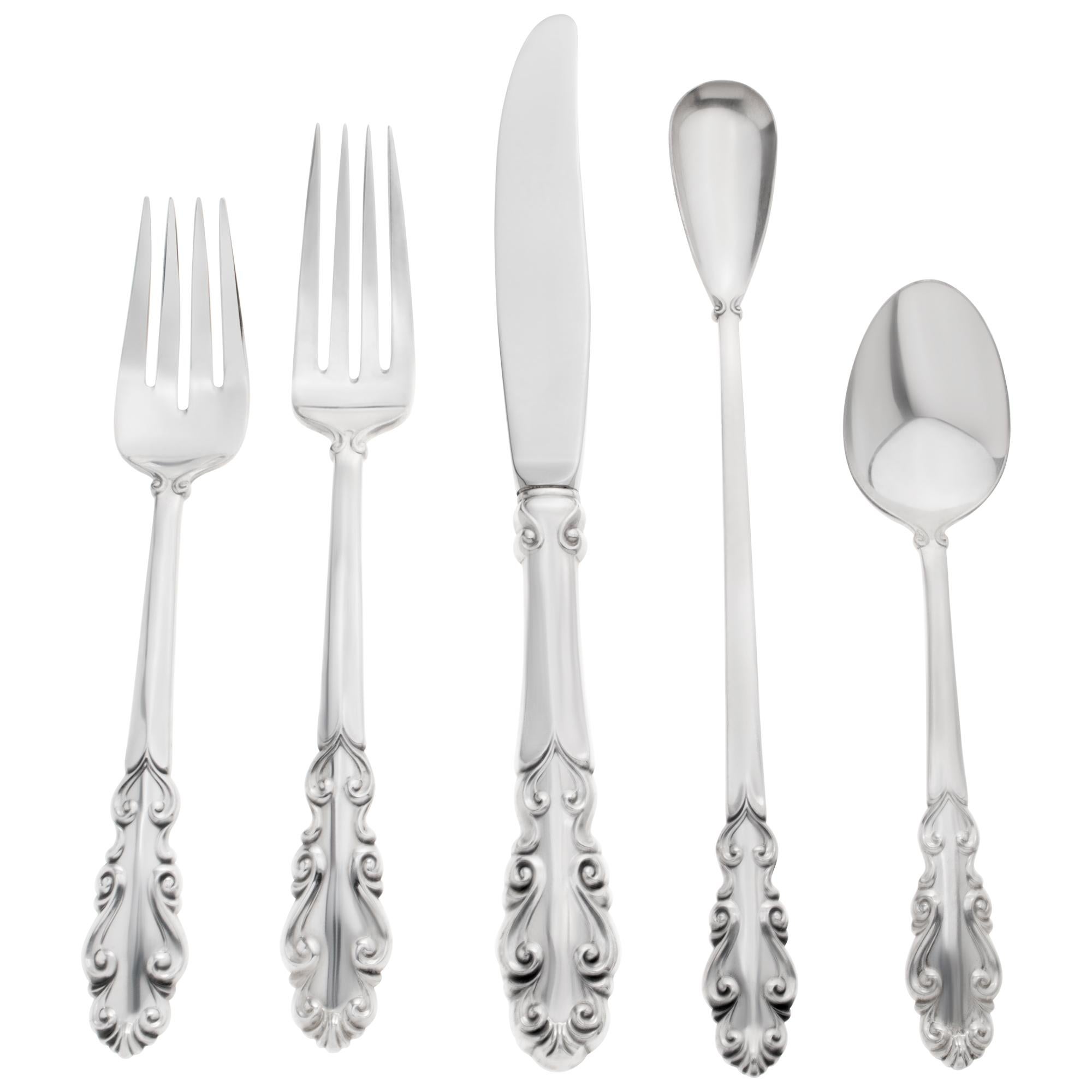 ESPLANADE Sterling silver flatware set patented in 1952 by Towle Silversmiths. 5 place settings for 12. 66 pieces total. Over 67 troy ounces .925 sterling silver (counting stainless steel blade pieces as 1.00 ozt each). PLACE SETTING: 12 dinner