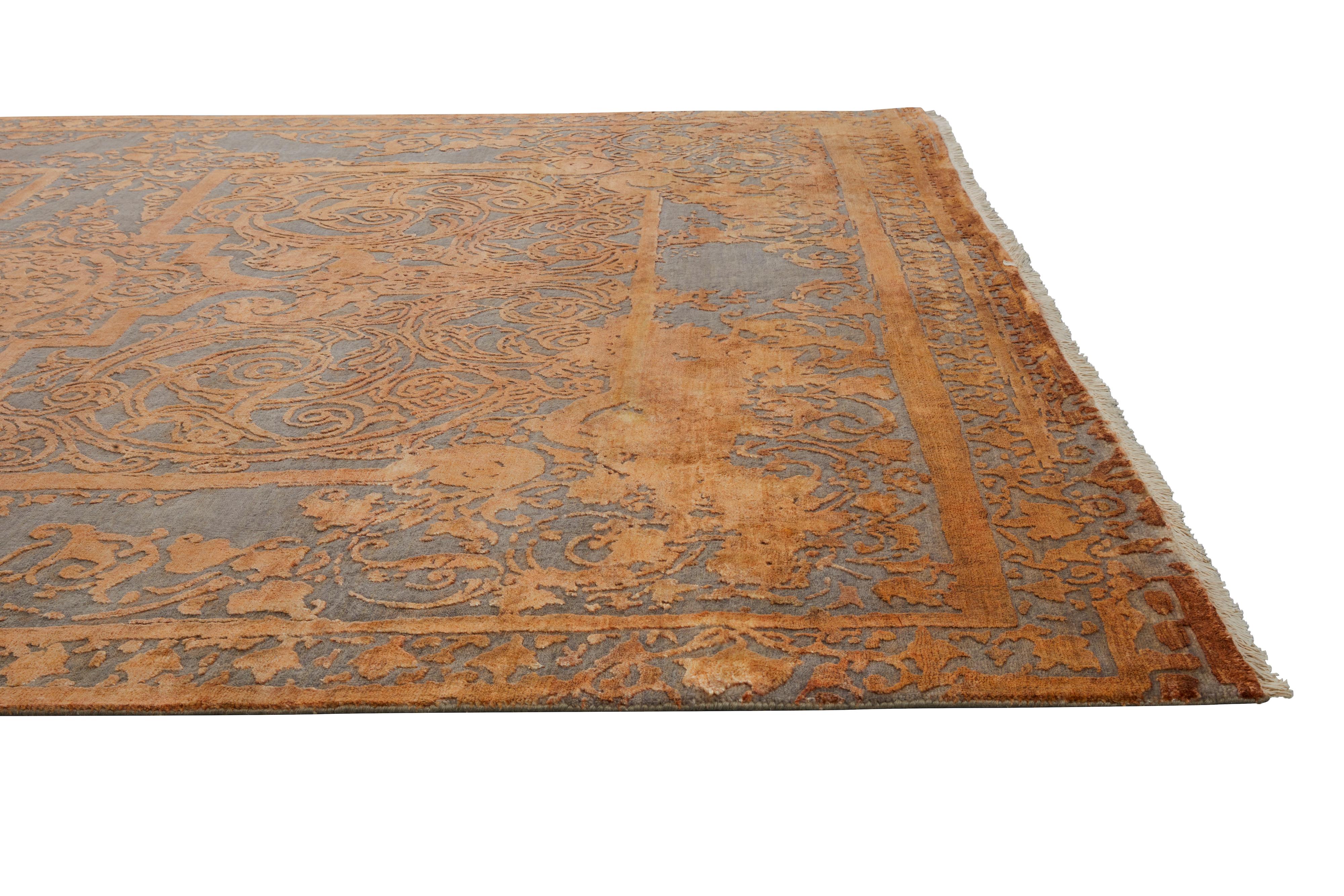 Wool ESPOIR Hand Knotted French Rococo Inspired Rug in Rust & Ivory Colours by Hands For Sale