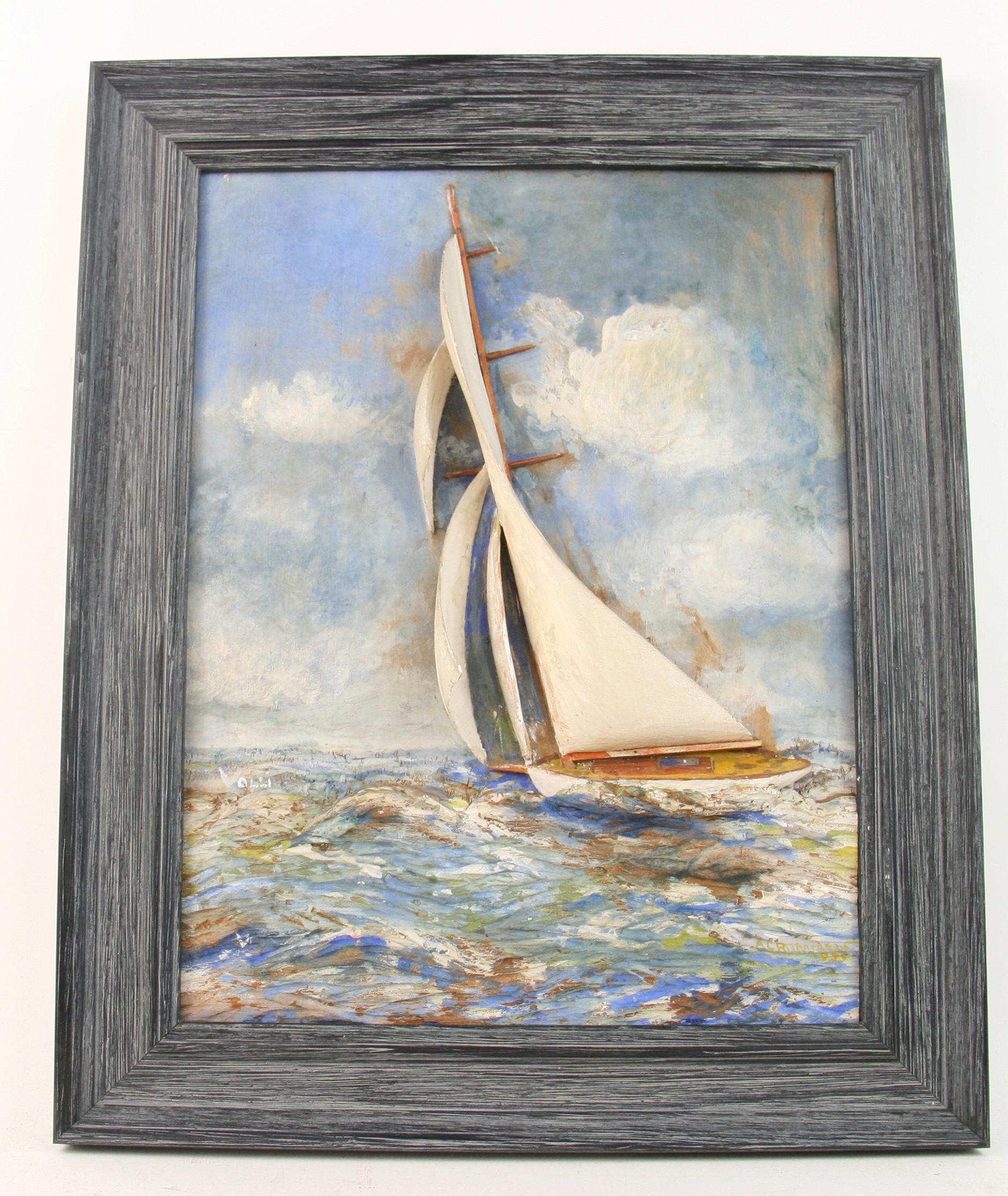 Antico   Barca a vela con paesaggio marino intagliato in Wood  Pittura in vendita 1
