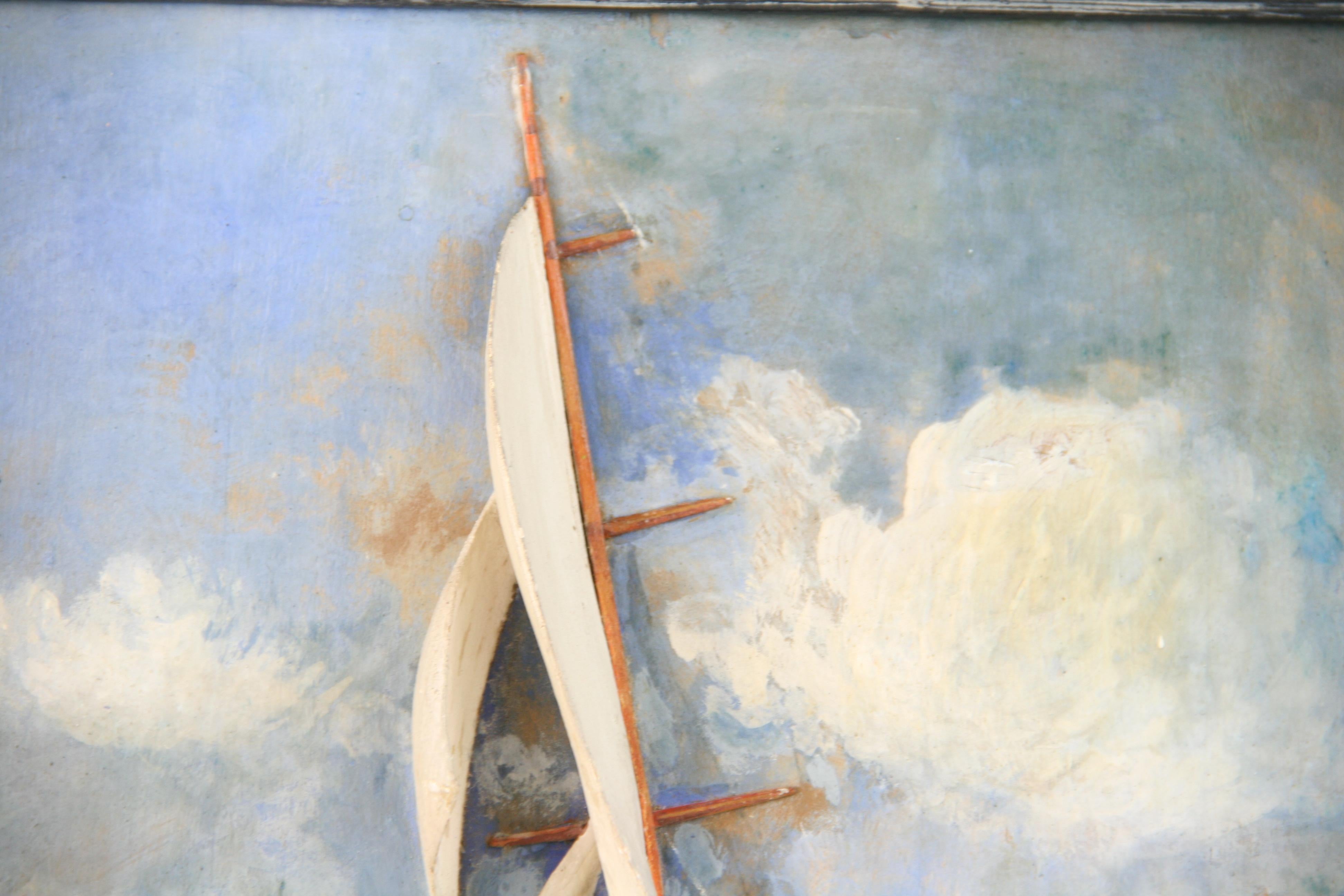 Antico   Barca a vela con paesaggio marino intagliato in Wood  Pittura in vendita 2