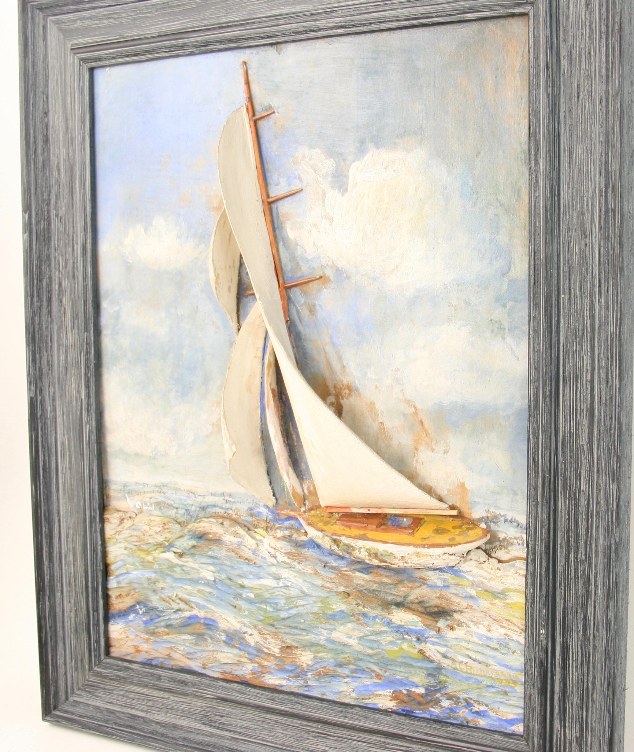Antico   Barca a vela con paesaggio marino intagliato in Wood  Pittura in vendita 4