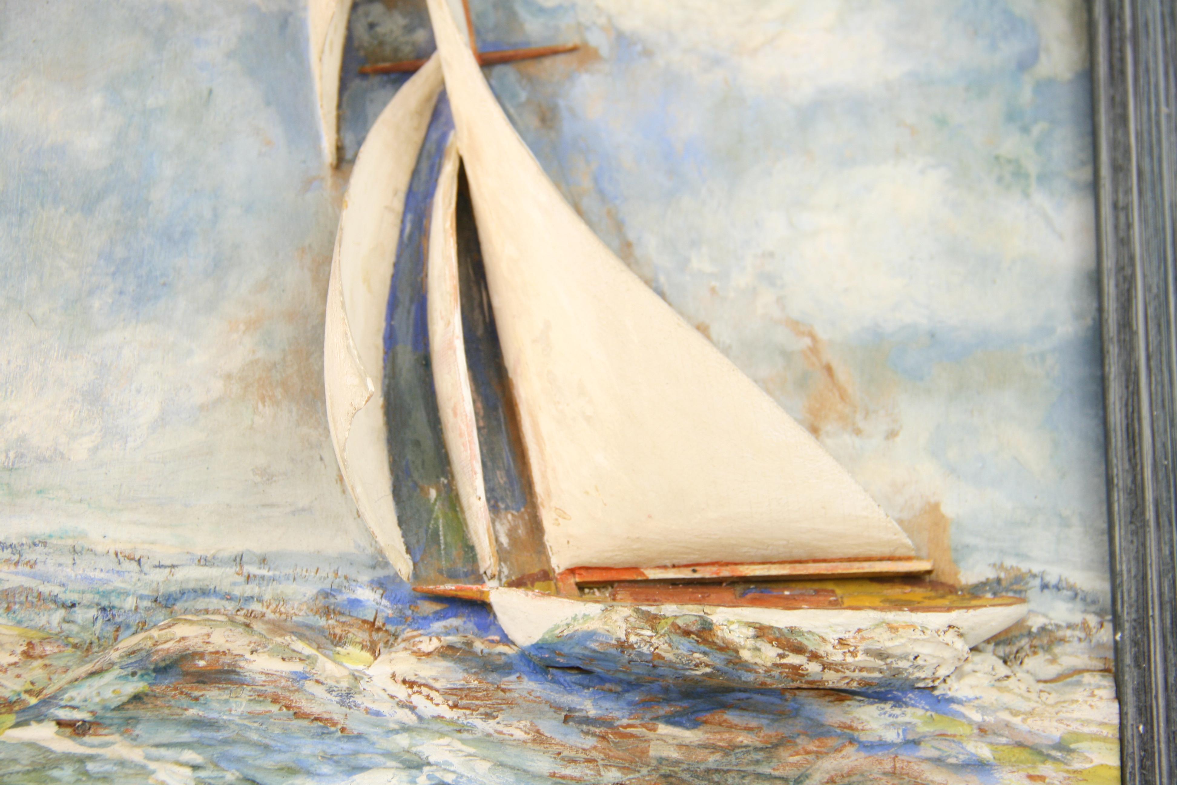 5-3506 Hand carved sailing diorama wood and oil paint.
Signed on verso Esposito 1920
Set in a new wood frame
