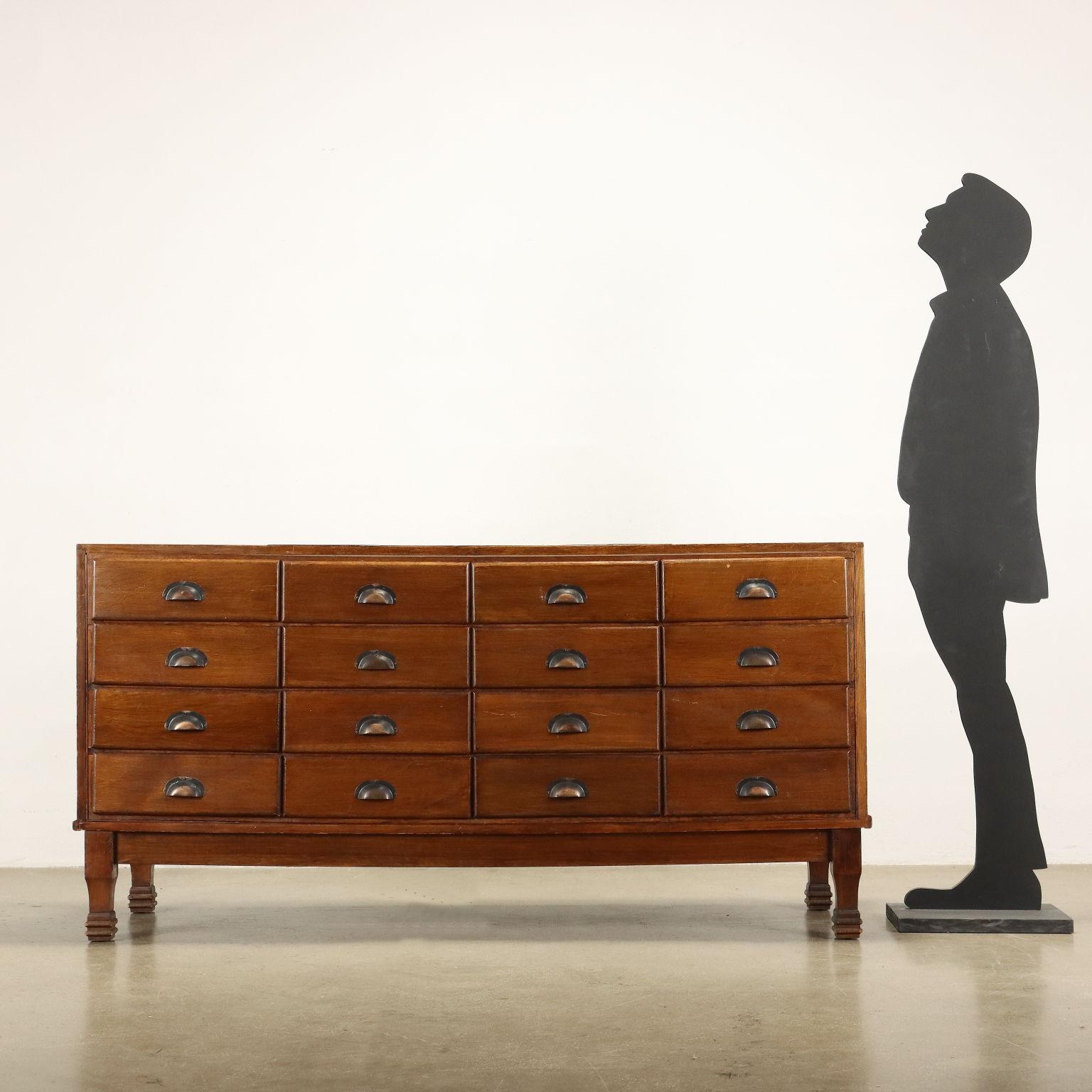 Elegant oak wood drawer display cabinet with brass meter on top and glass cover.