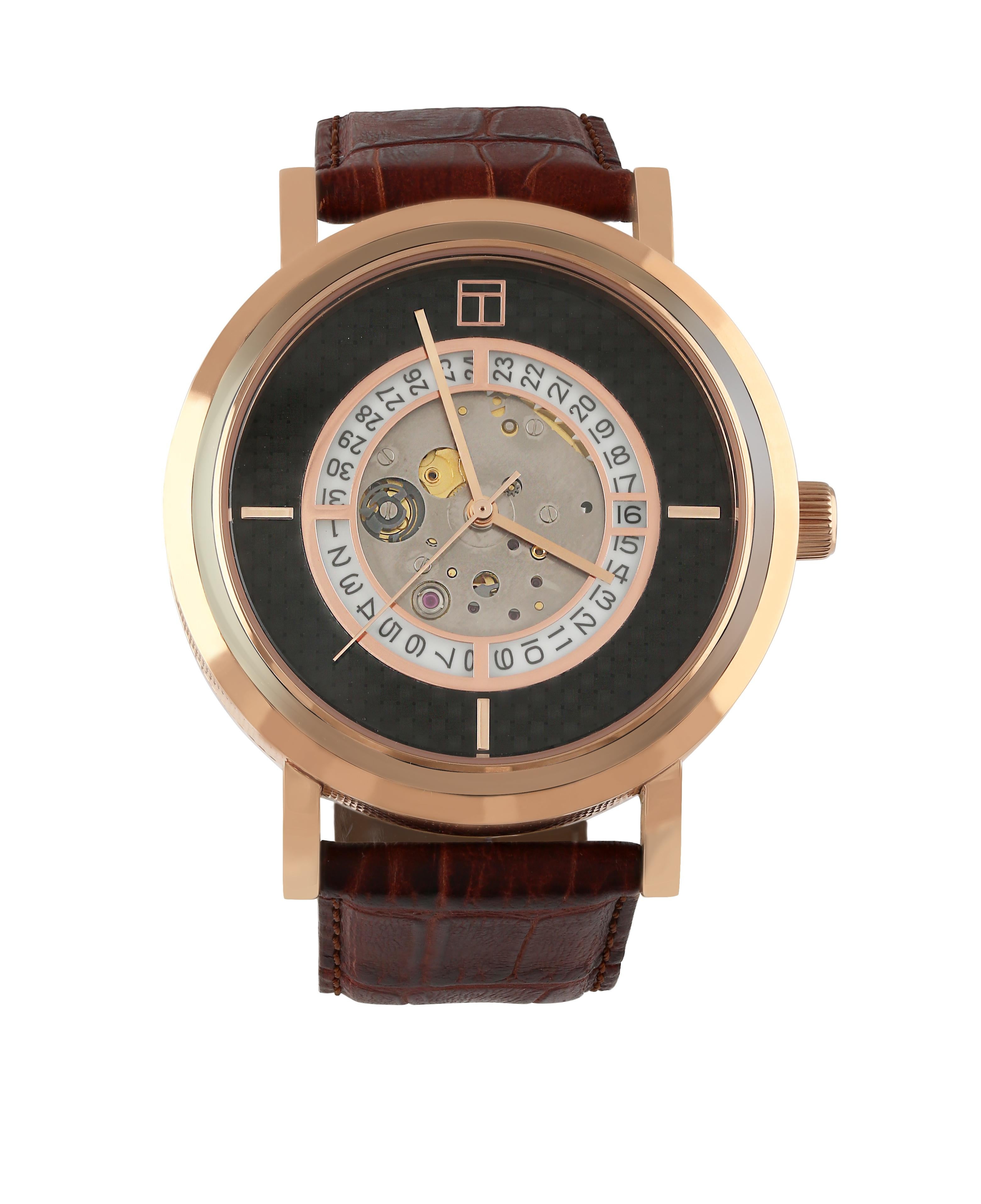 Moderne Esposto Leather Automatic Watch in Brown With Rose Gold Plated en vente