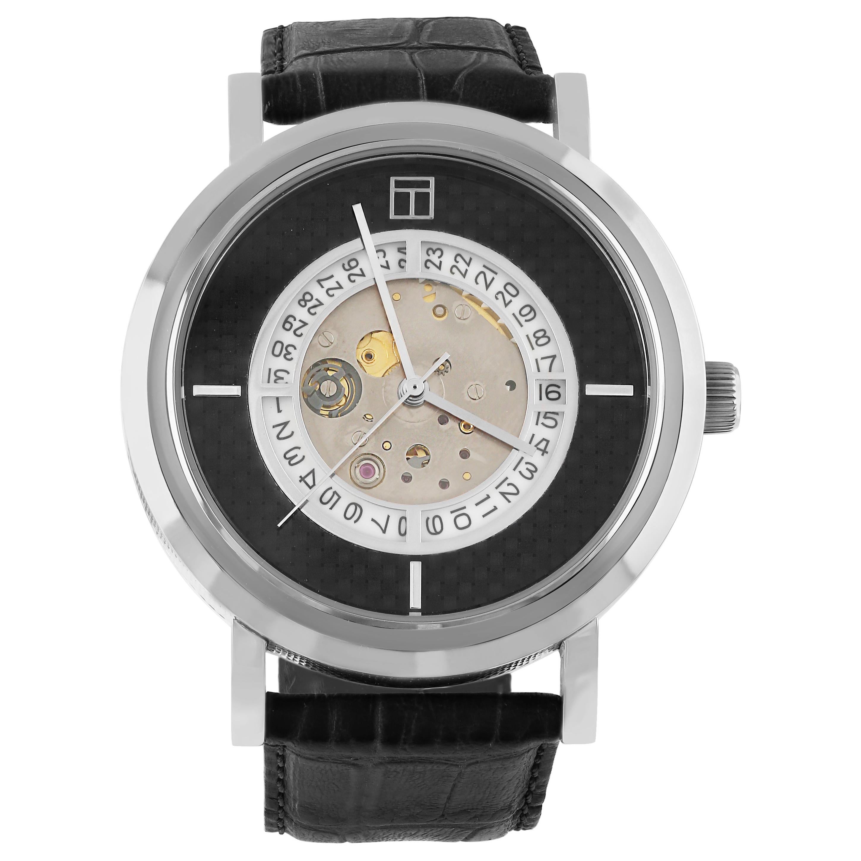 Esposto Leather Automatic Watch In Black With Carbon Fibre Steel