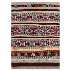 Espresso & Cream Turkish Cicim Kilim • Embroidered Flatweave Rug (3′×4′) • 1960s