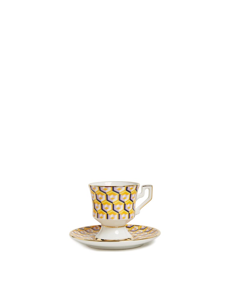 Part of our happy-making home collaboration with 1stDibs, this set of two espresso cups and two matching saucers arrive in the exclusive Cubi Lilla print (a 1960s archive print for all you vintage vixens) and are crafted in fine porcelain by the