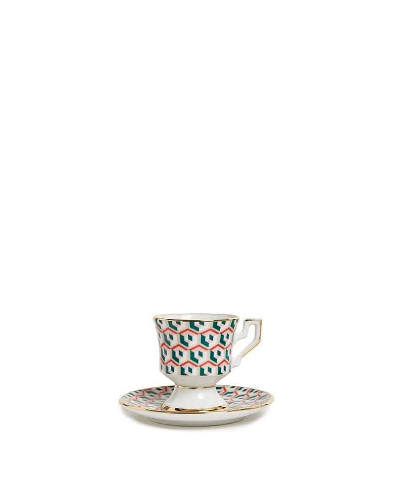 Italian Espresso Cup Set of 2 Cubi Lilla Print, 100% Porcelain by La Double J For Sale