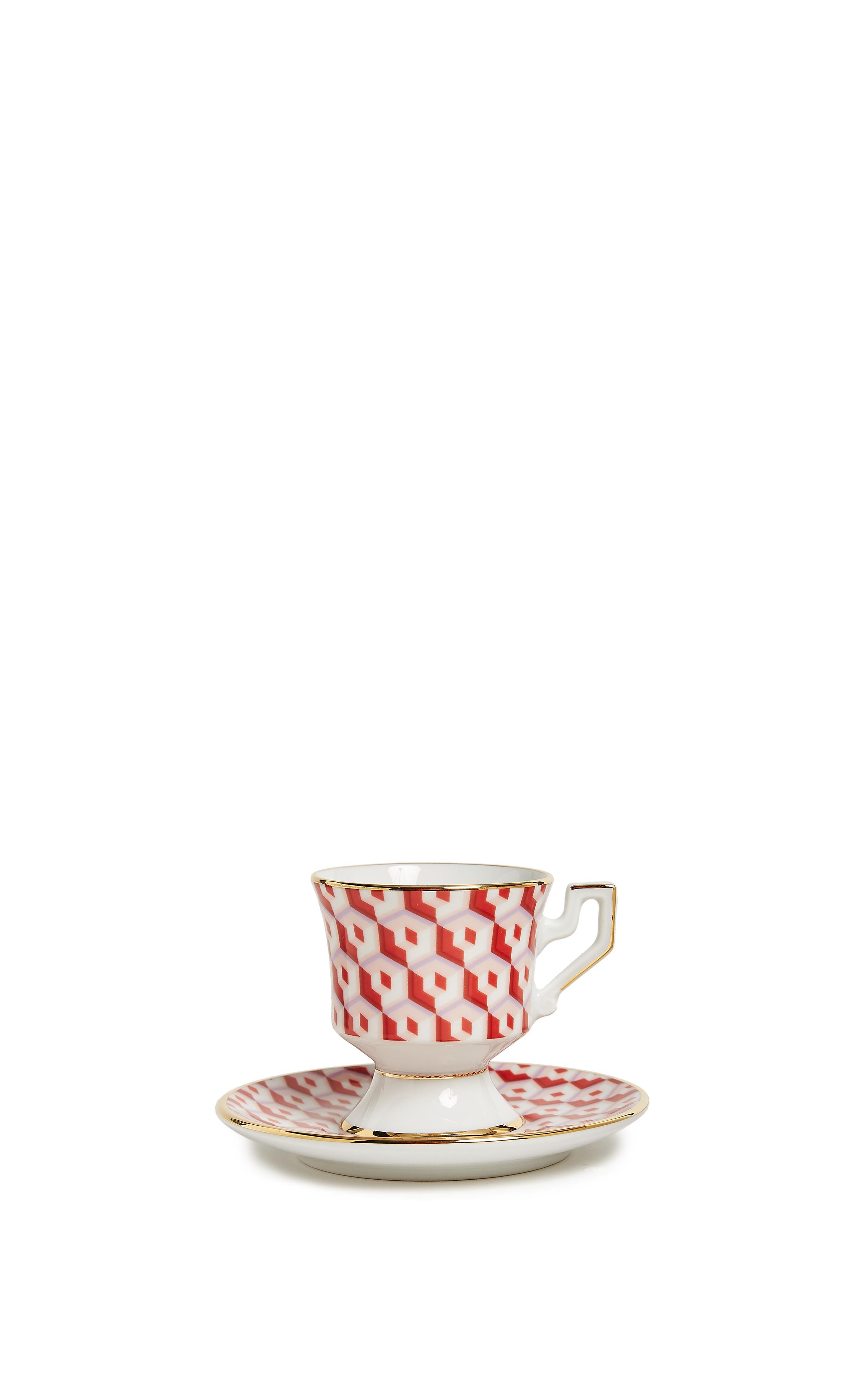 Italian Espresso Cup Set of 2, Cubi Rosso Print, 100% Porcelain by La DoubleJ