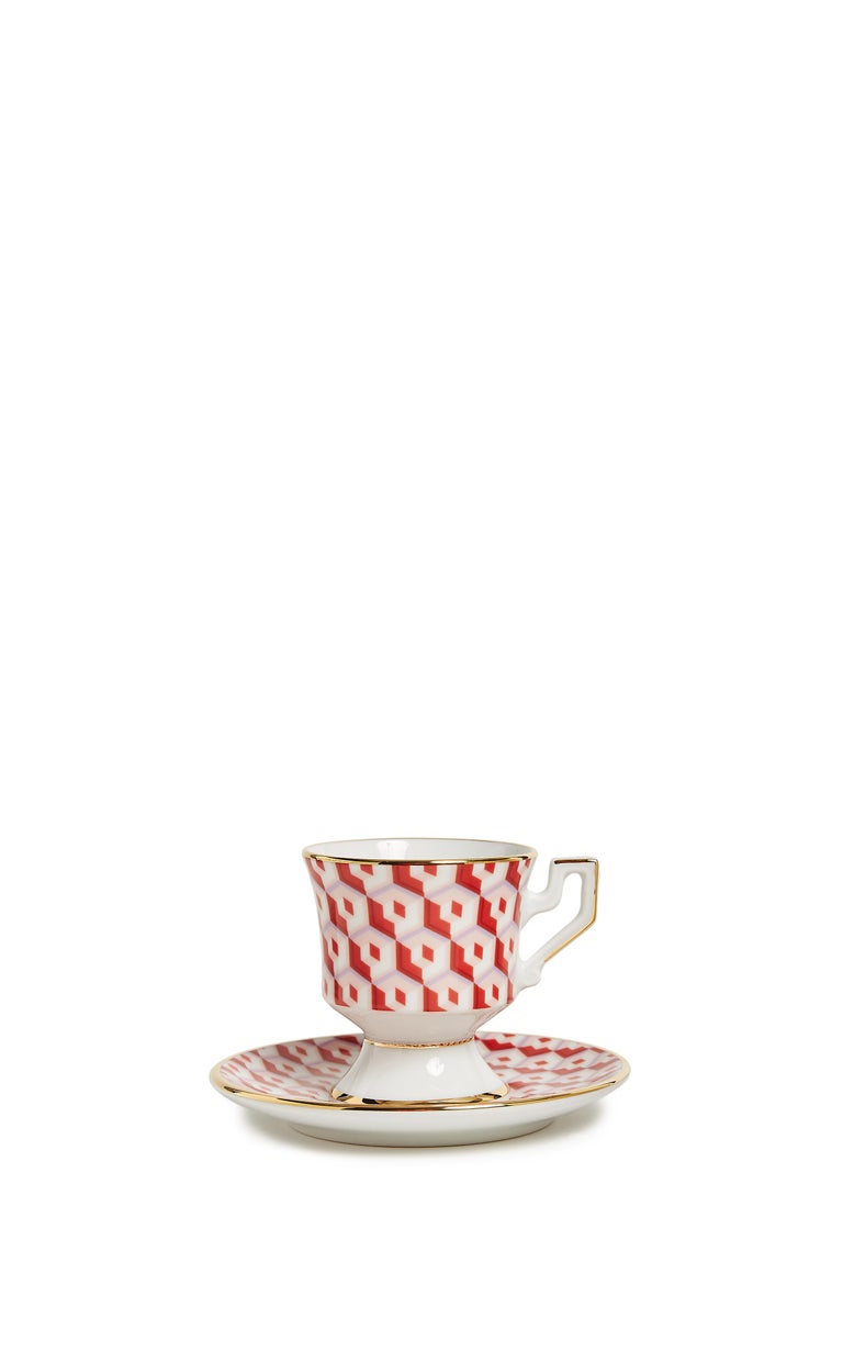 Italian Espresso Cup Set of 2, Cubi Rosso Print, 100% Porcelain by La DoubleJ For Sale