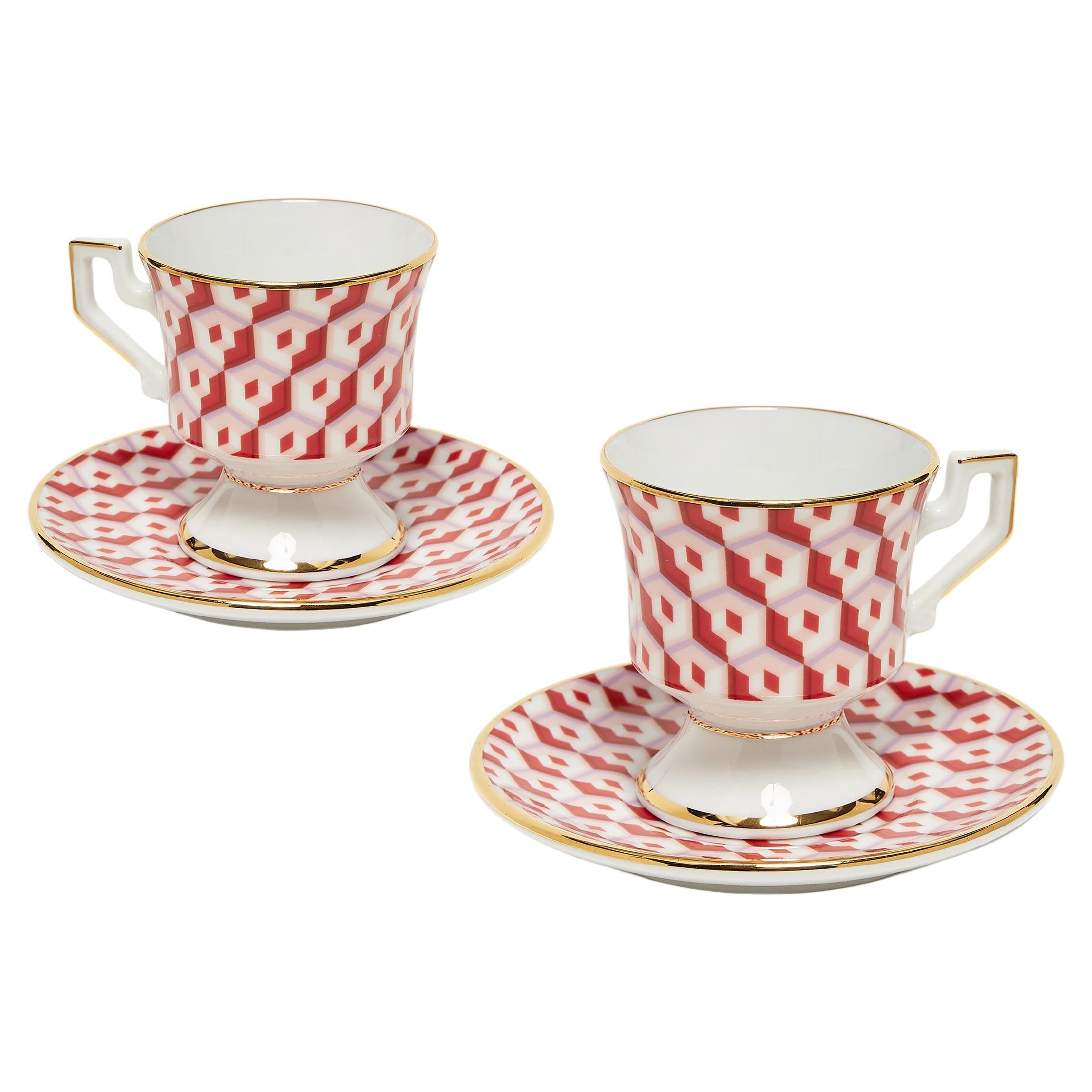 Espresso Cup Set of 2, Cubi Rosso Print, 100% Porcelain by La DoubleJ
