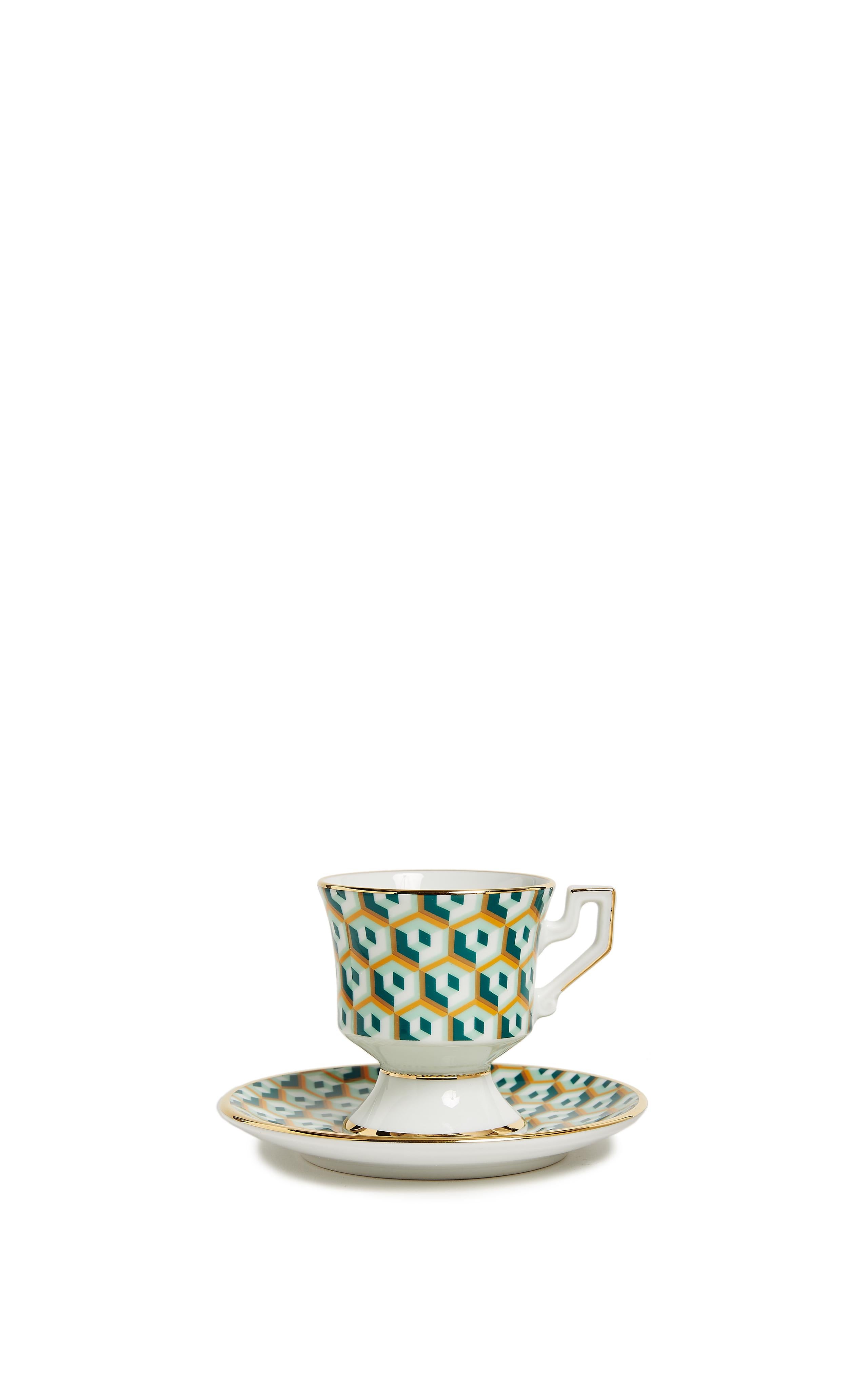 Italian Espresso Cup Set of 2 Cubi Verde Print, 100% Porcelain by La DoubleJ