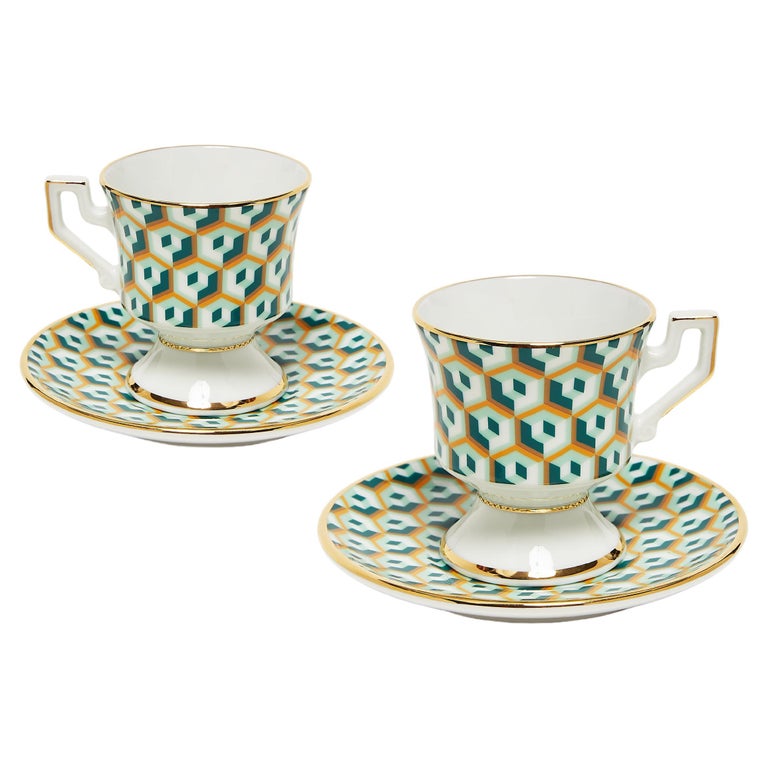 Espresso Cup Set of 2 Cubi Verde Print, 100% Porcelain by La DoubleJ For Sale