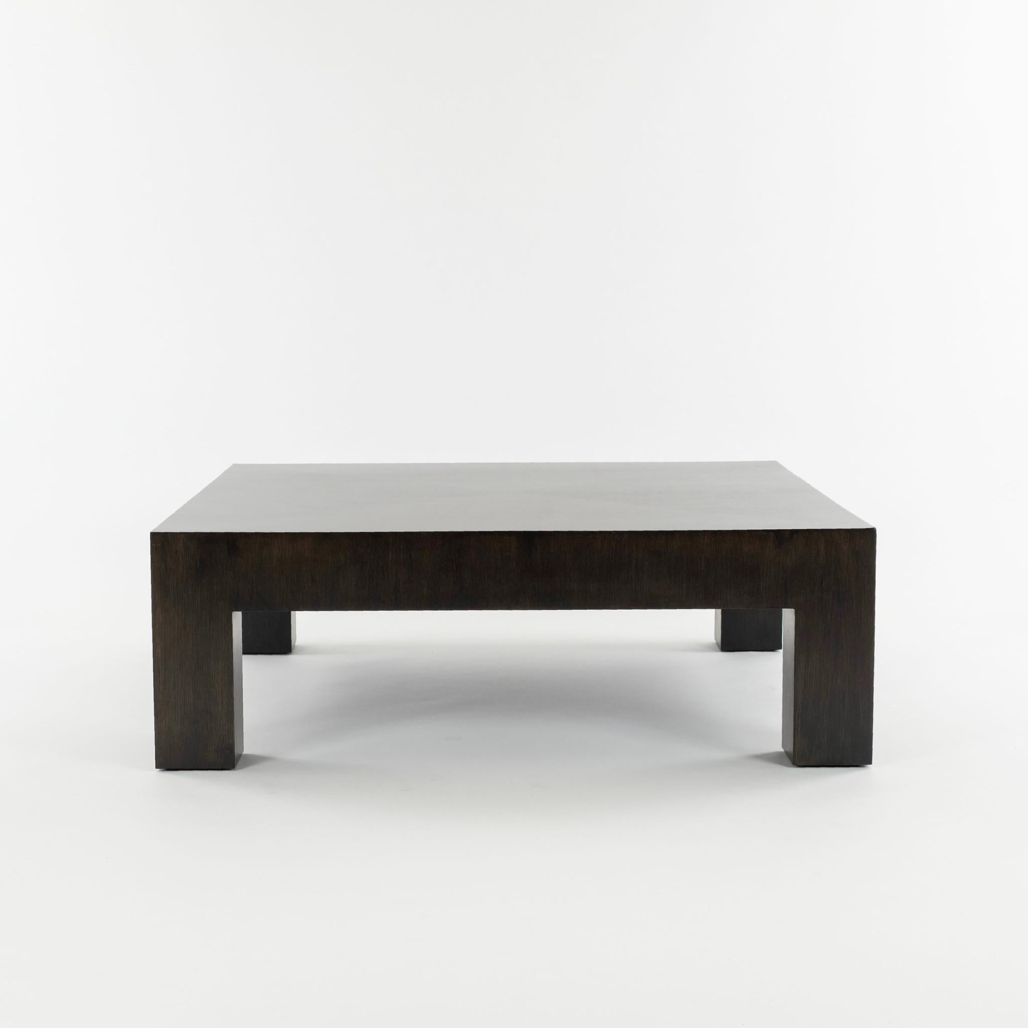 Large Parsons style wood cocktail table with single drawer and finished in espresso oak veneer. Also available in natural or black.