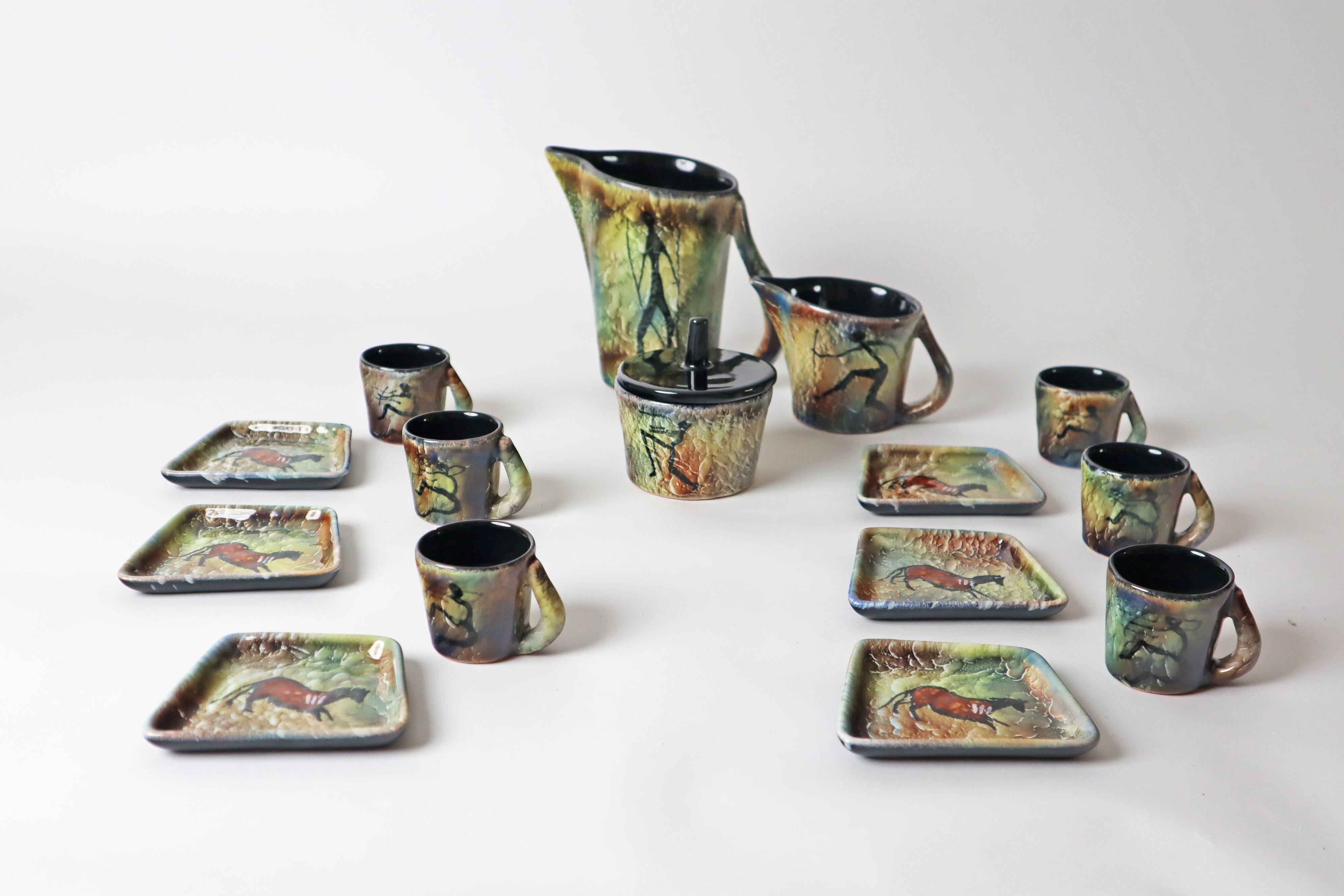 Juego de café expreso para 6 personas con pintura de la Edad de Piedra Lascaux, Francia Años 60 en Bastante bueno estado para la venta en Hannover, DE