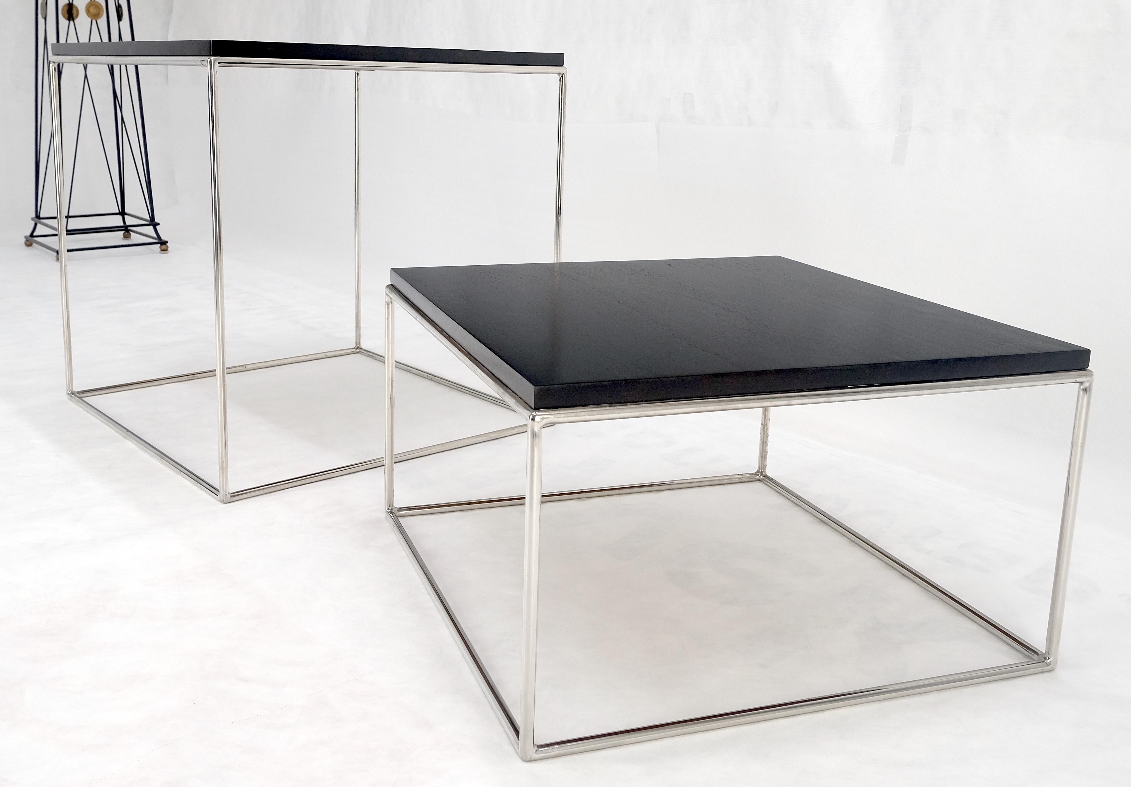 Espresso Walnut Cube Shape Nesting End Tables Polished Stainless Steel Chrome    
Smaller shelf table is 20x20x12