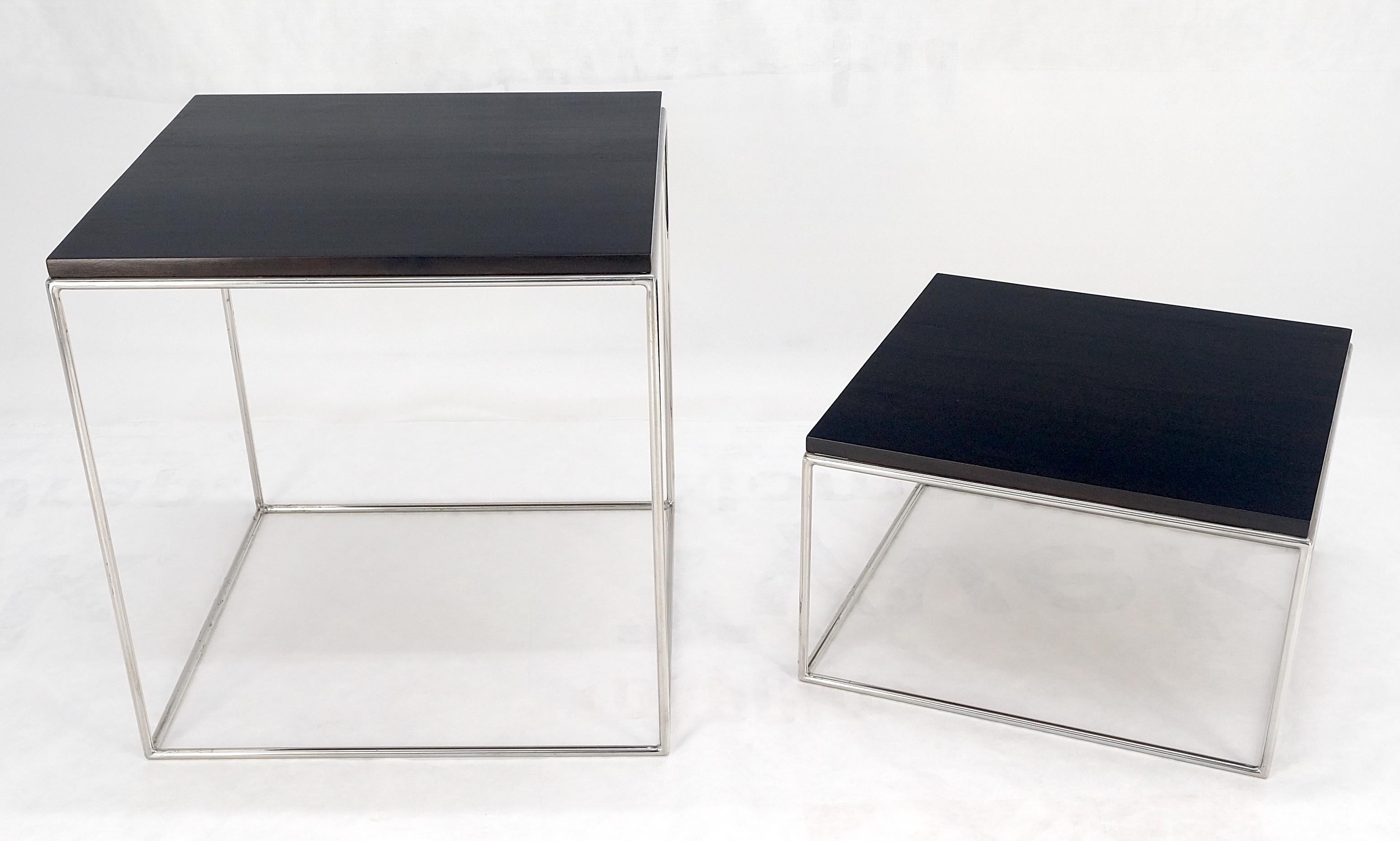 Mid-Century Modern Espresso Walnut Cube Shape Nesting End Tables Polished Stainless Steel Chrome For Sale