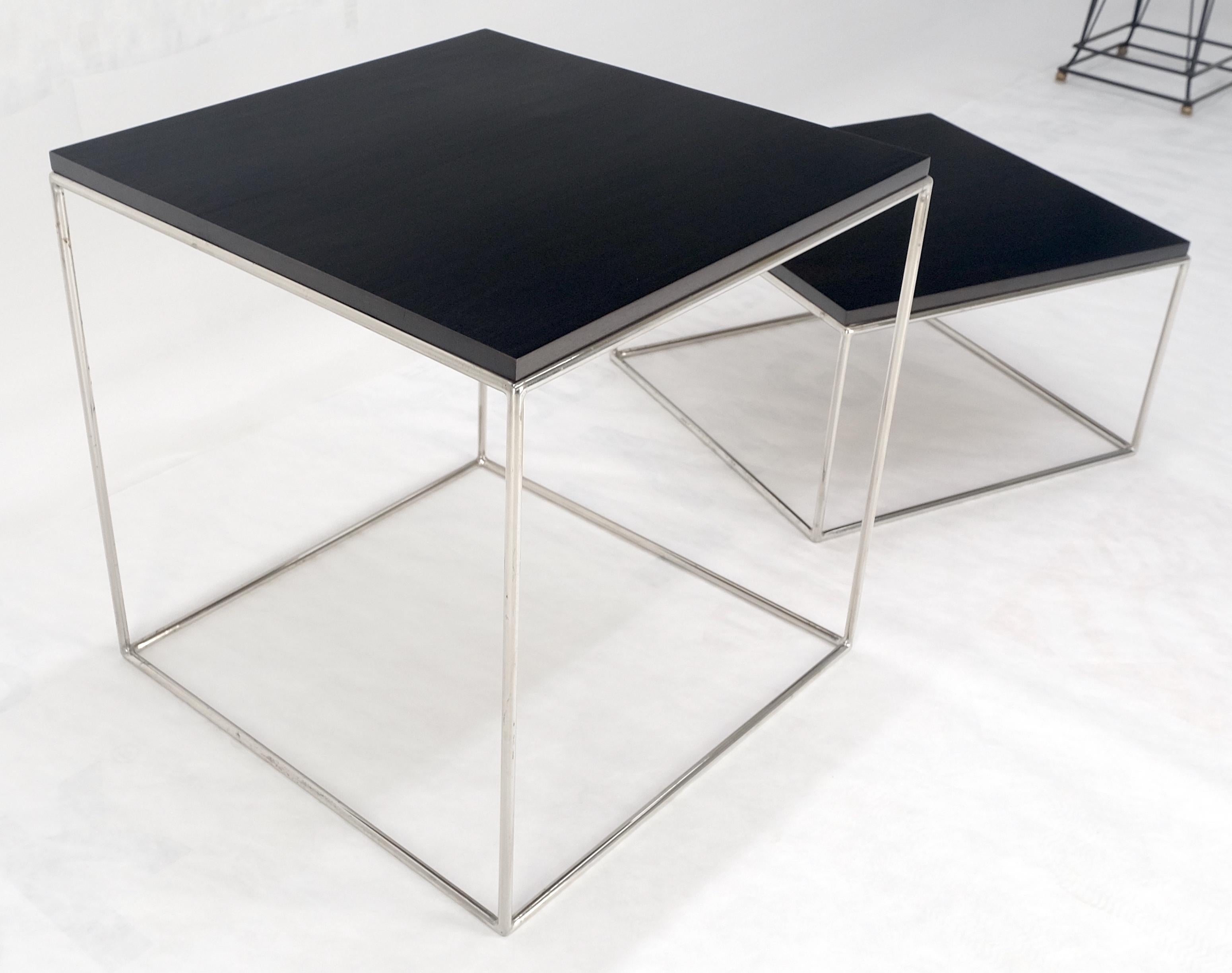 Lacquered Espresso Walnut Cube Shape Nesting End Tables Polished Stainless Steel Chrome For Sale