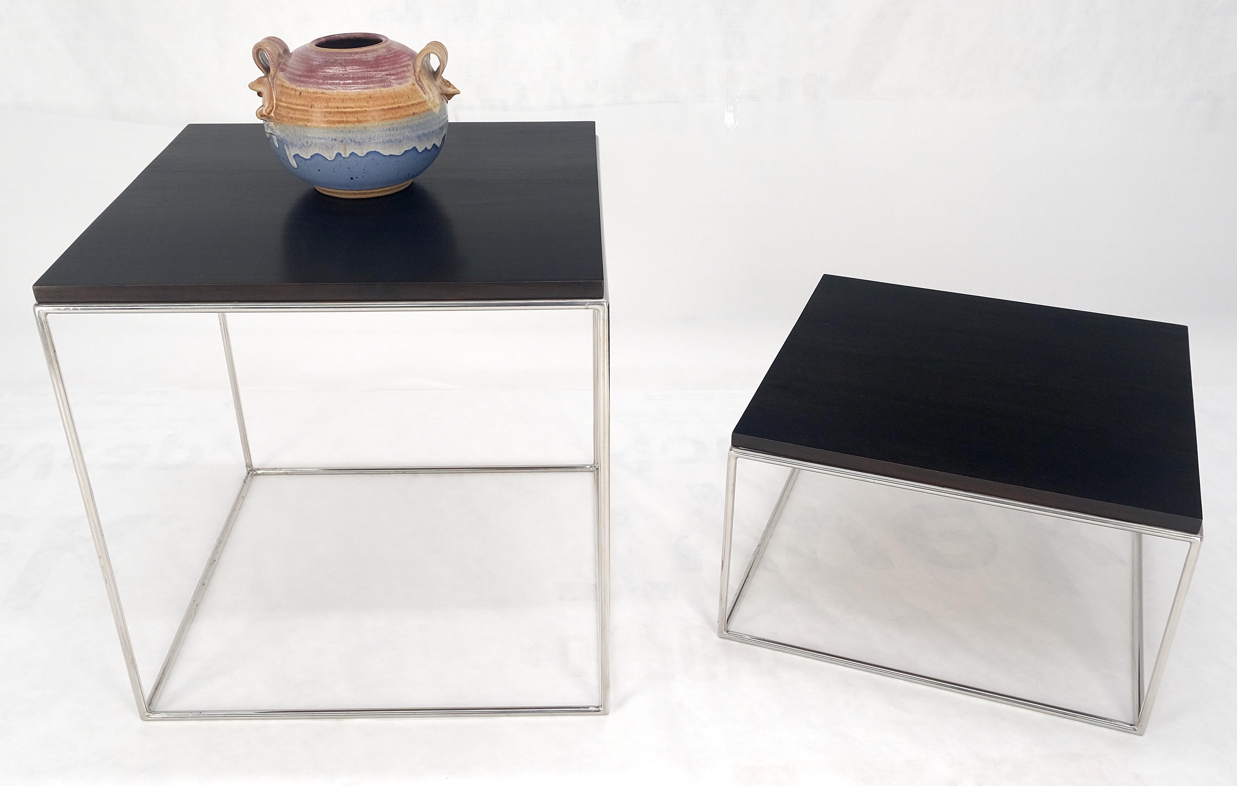 Espresso Walnut Cube Shape Nesting End Tables Polished Stainless Steel Chrome In Good Condition For Sale In Rockaway, NJ