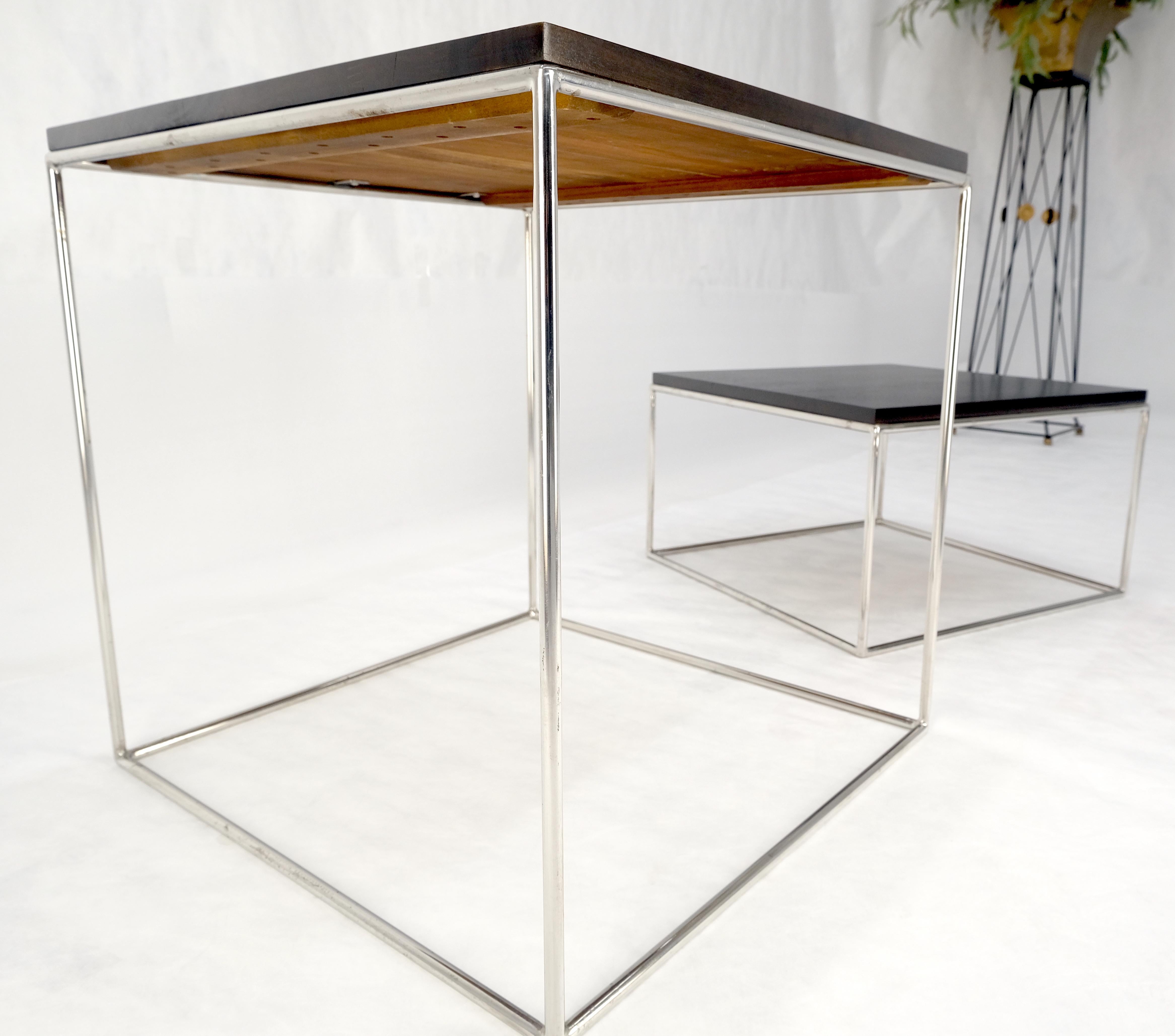 Espresso Walnut Cube Shape Nesting End Tables Polished Stainless Steel Chrome For Sale 1