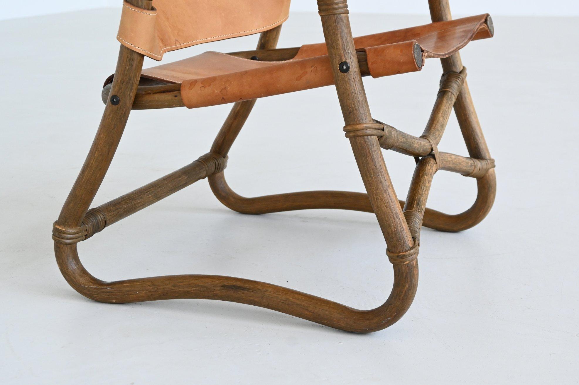Espri safari chair in cognac leather and bamboo IKEA Sweden 1970 For Sale 3