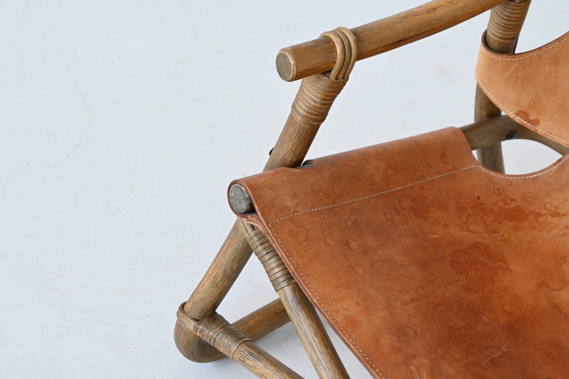 Espri safari chair in cognac leather and bamboo IKEA Sweden 1970 For Sale 4