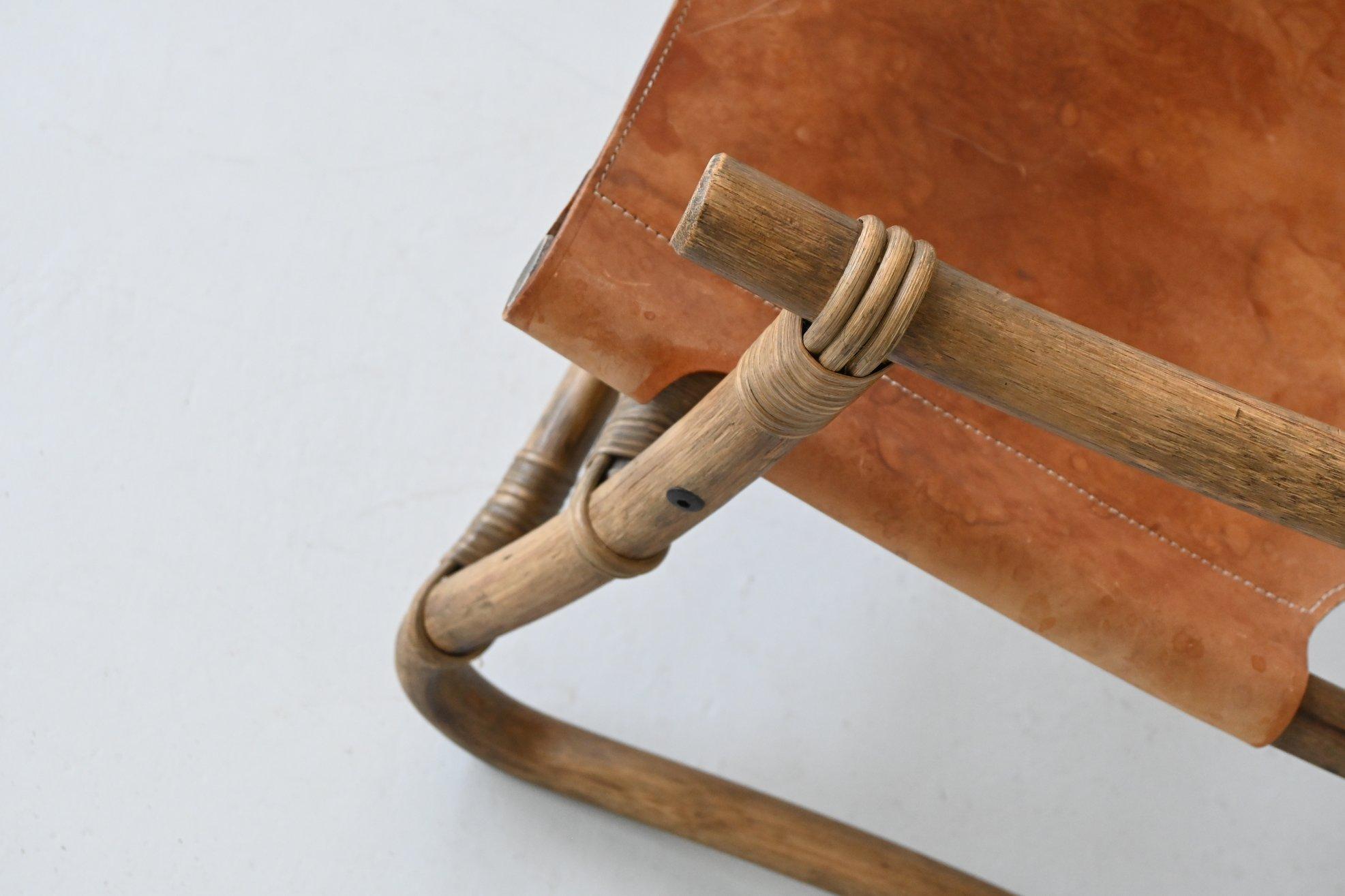 Espri safari chair in cognac leather and bamboo IKEA Sweden 1970 For Sale 6
