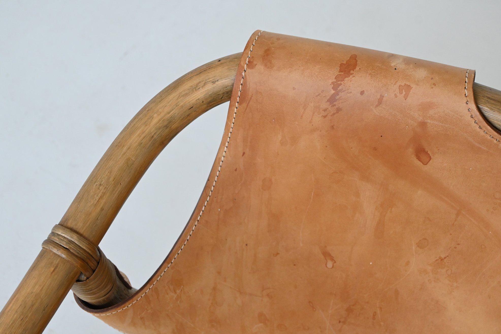 Espri safari chair in cognac leather and bamboo IKEA Sweden 1970 For Sale 8